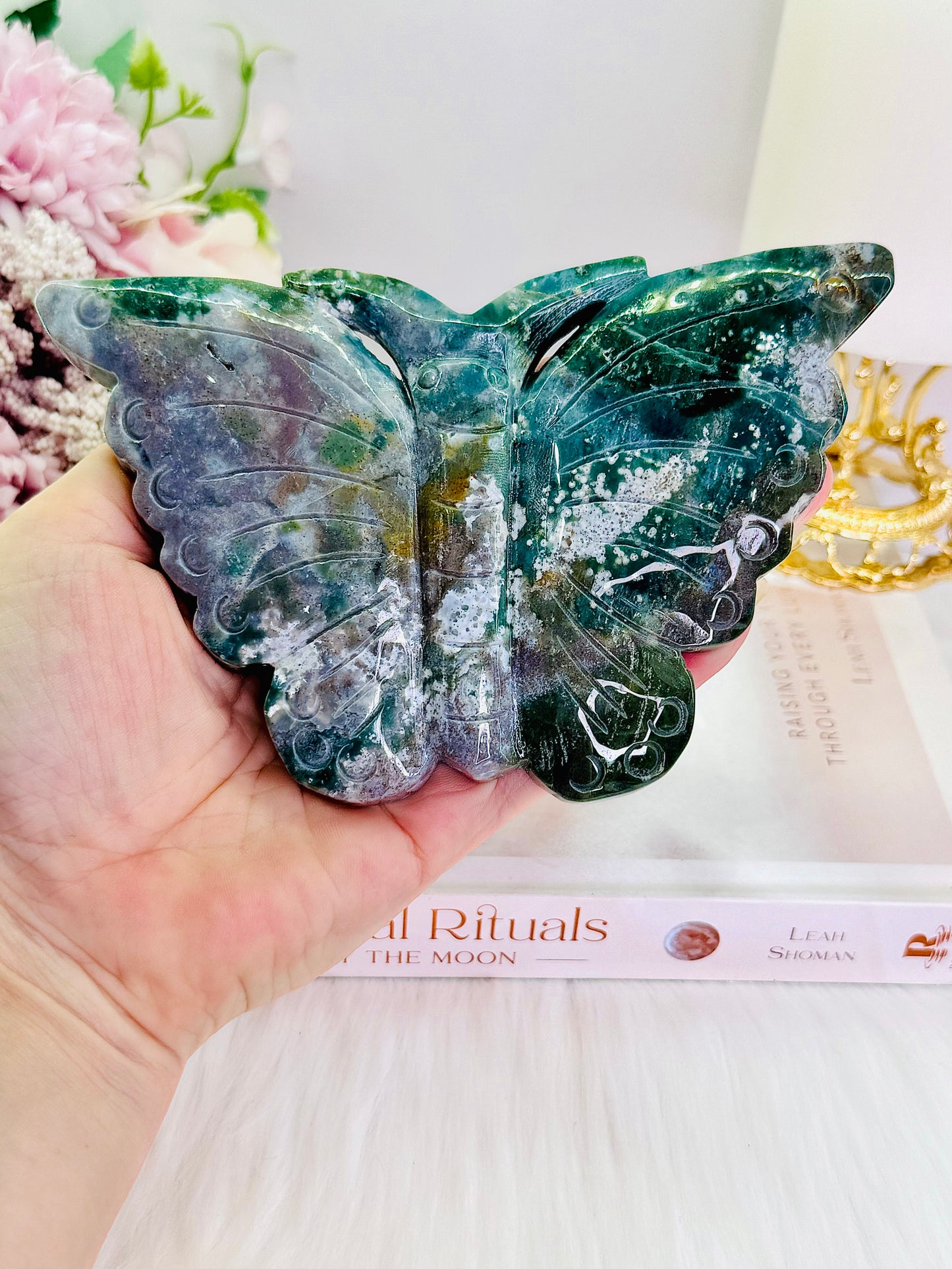 Wow!!! She is BEAUTIFUL!!! Chunky 14.5cm Large Ocean Jasper Perfectly Carved Butterfly On Stand