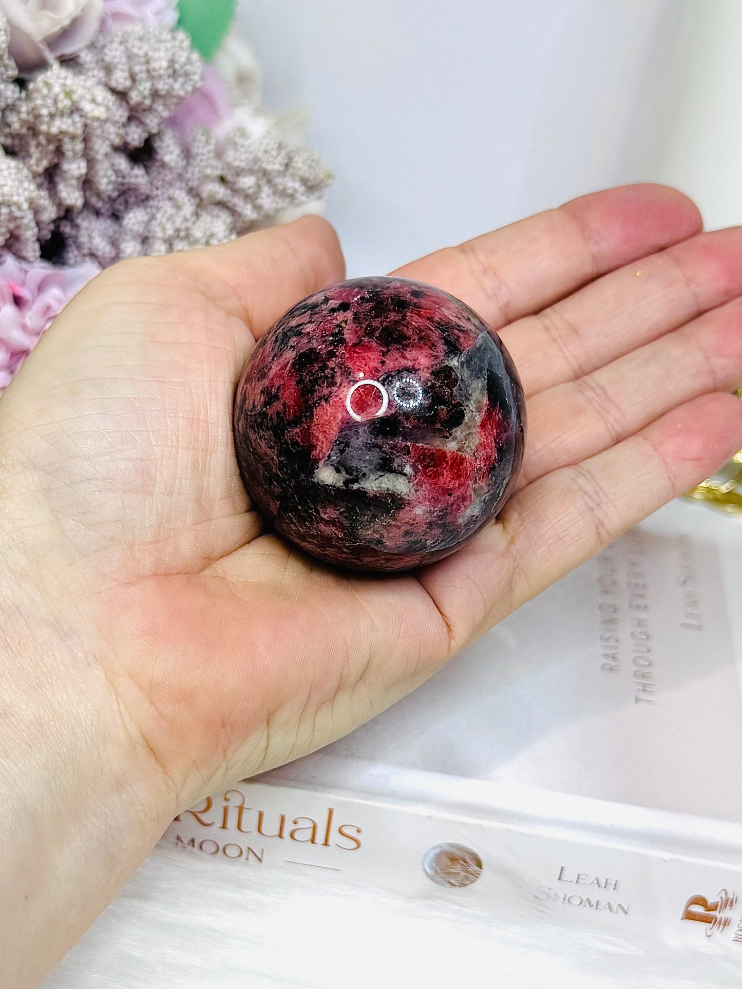 High Grade Rhodonite Sphere On Stand 212g