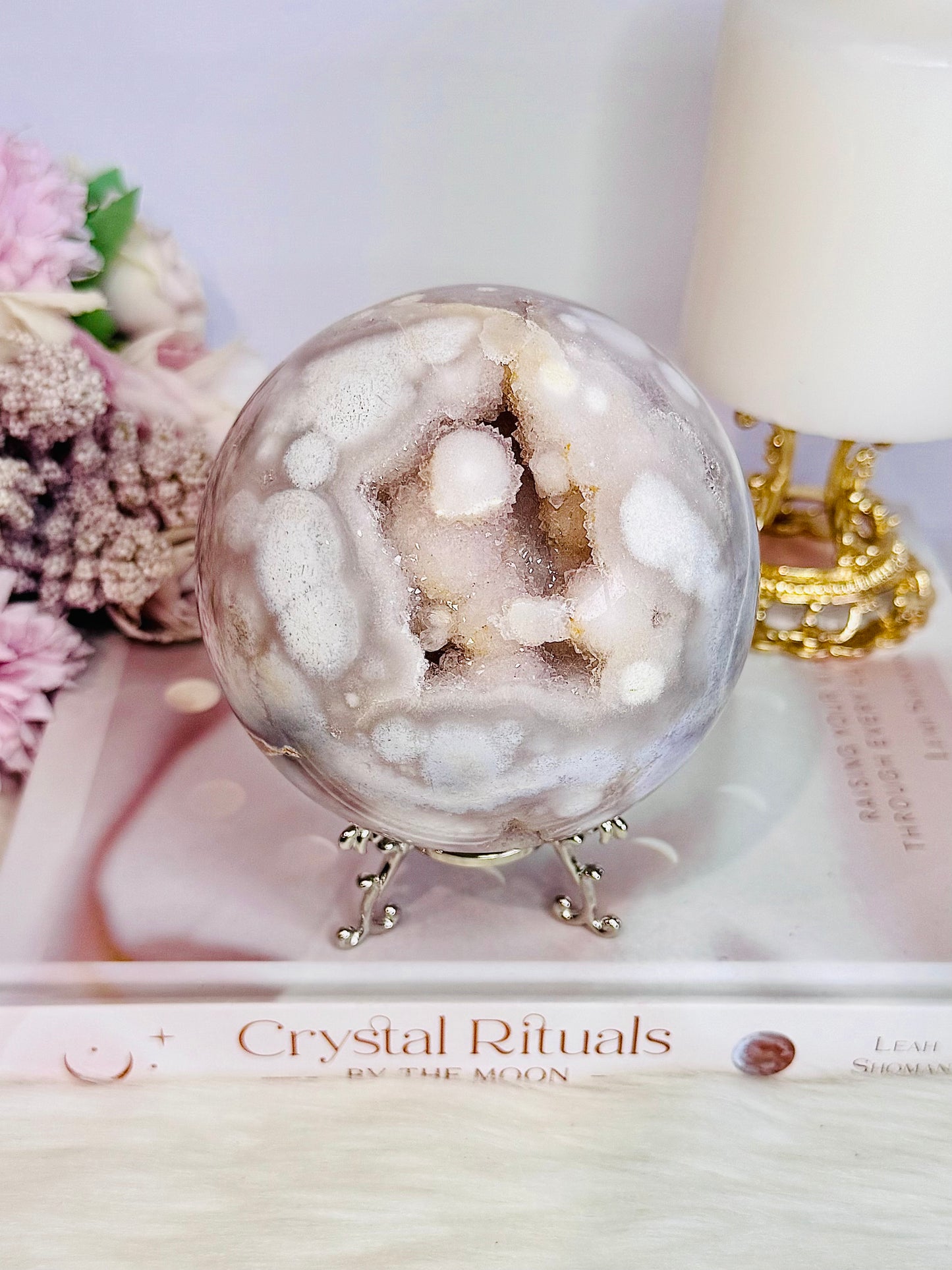 Perfect Large 1.04KG Perfect Sugar Druzy Pink Amethyst Sphere on Stand