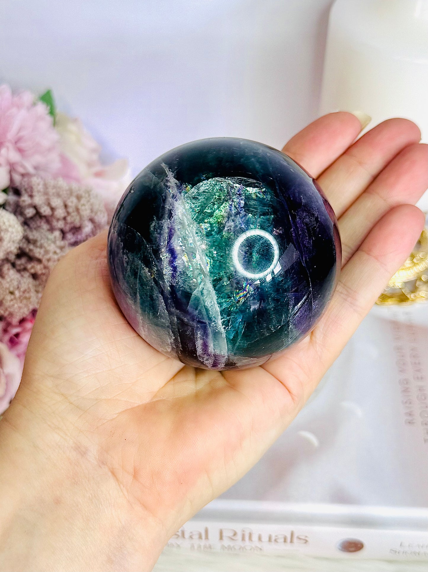 Incredibly Stunning Large 598gram Rainbow Fluorite Sphere On Stand with Amazing Rainbows