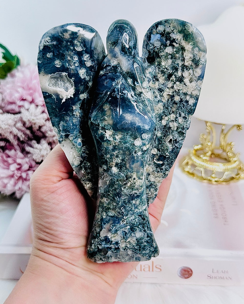 Peace & Tranquility ~ Divinely Stunning Large 15cm Chunky Druzy Moss Agate Angel Carving