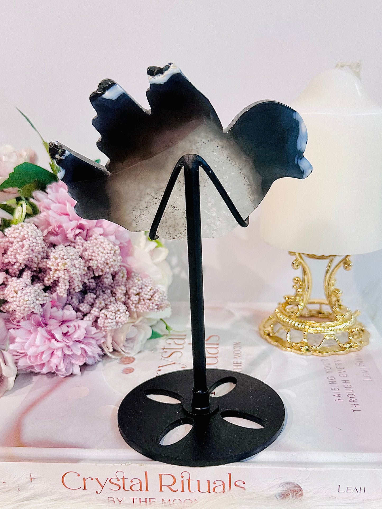 Gorgeous Druzy Agate Carved Bird On Black Stand