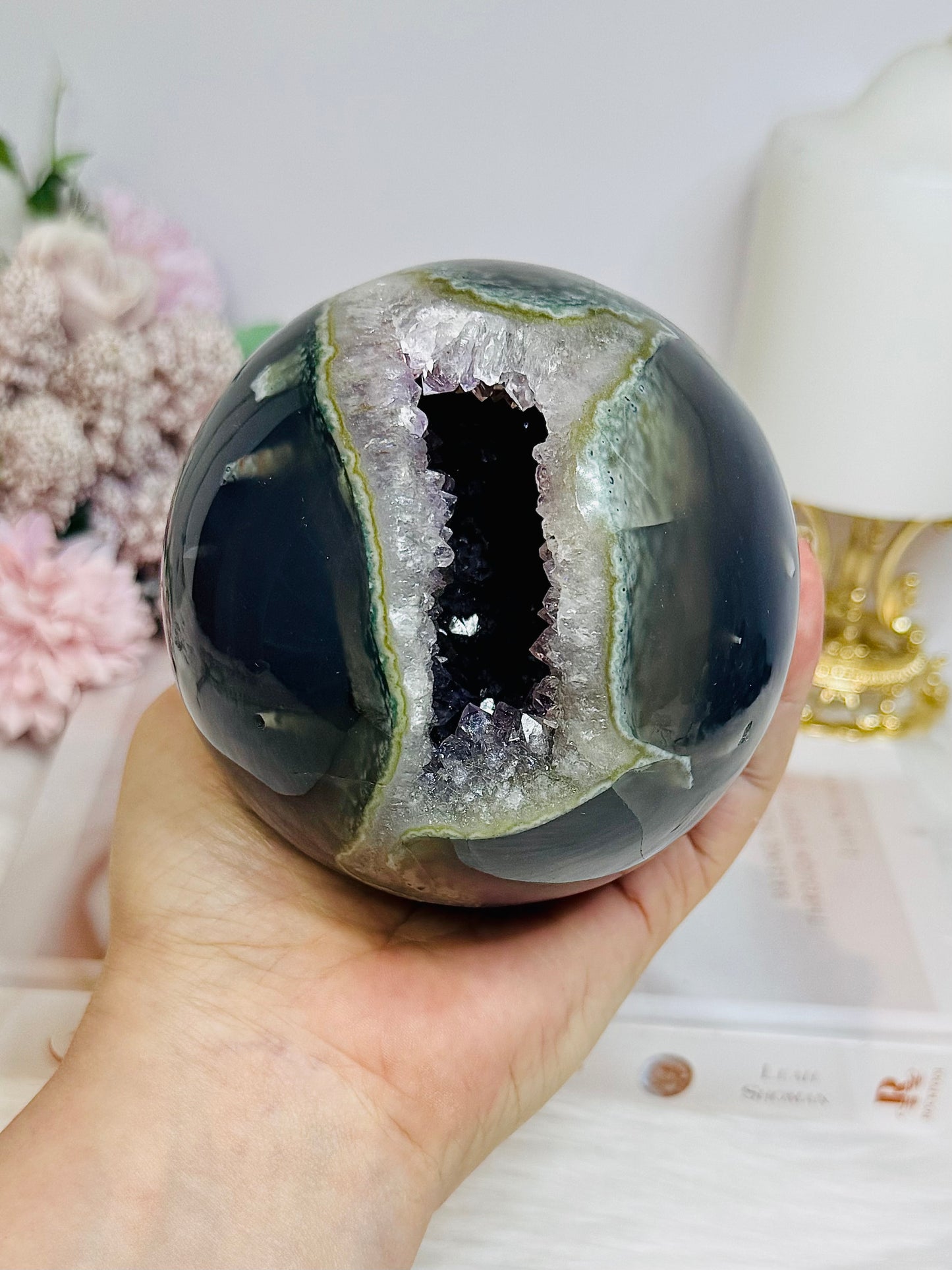 High Grade Huge Amethyst Druzy Agate Sphere on Stand 934g