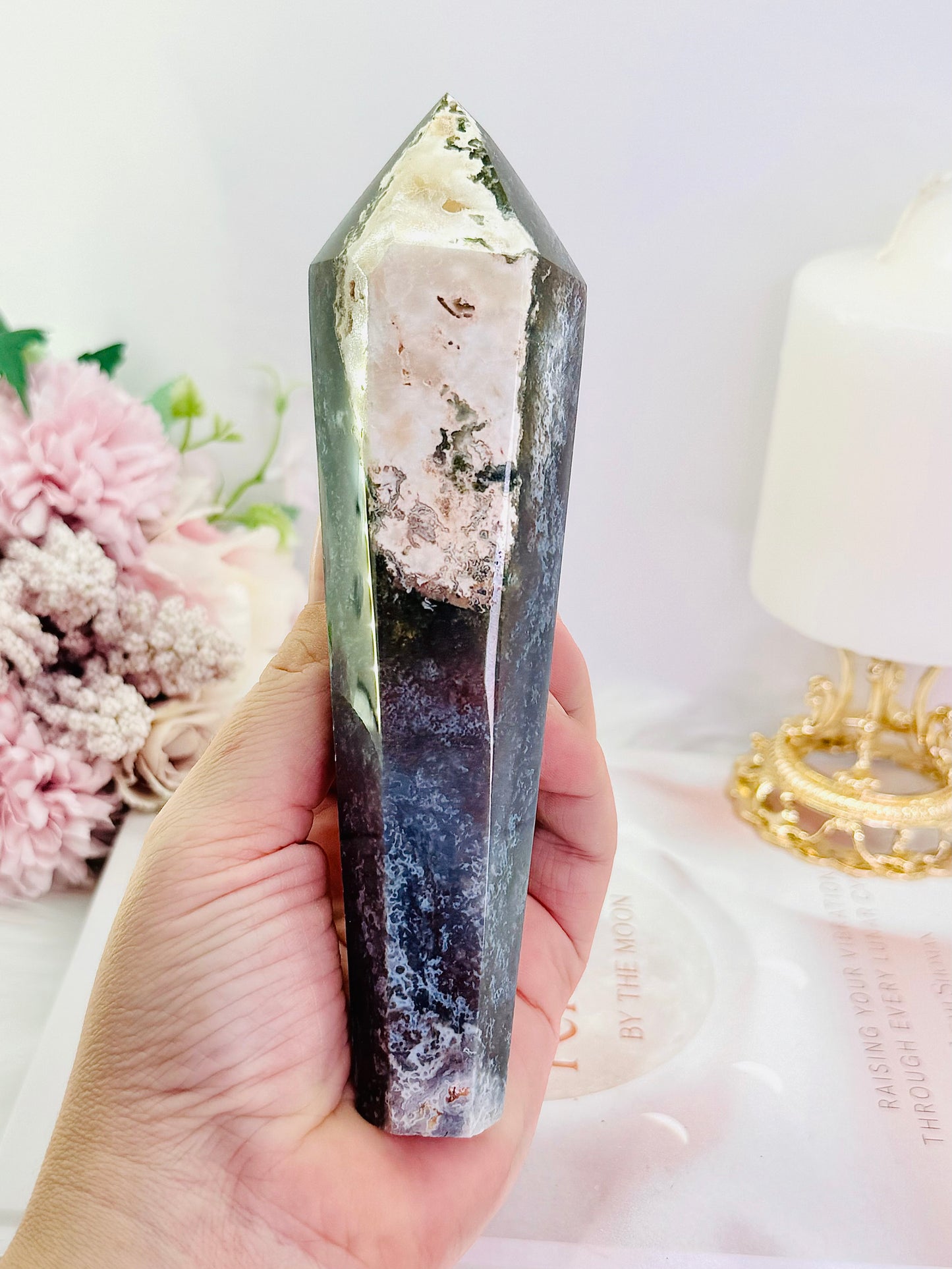 Absolutely Gorgeous Chunky Large 20cm (Inc Stand) Moss Agate Wand | Tower On Stand