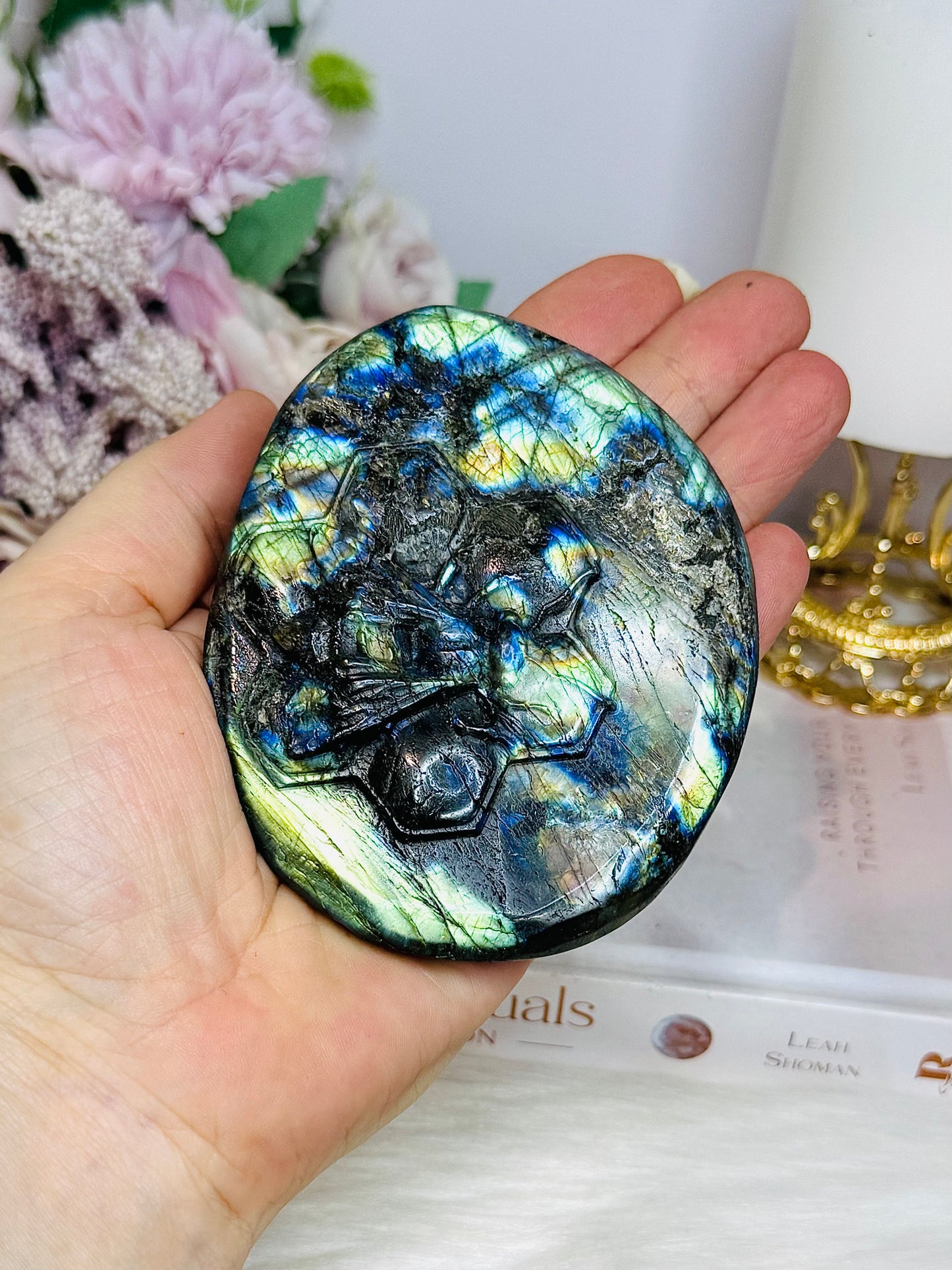 Labradorite Carved Bumble Bee on Honeycomb On Stand 9.5cm