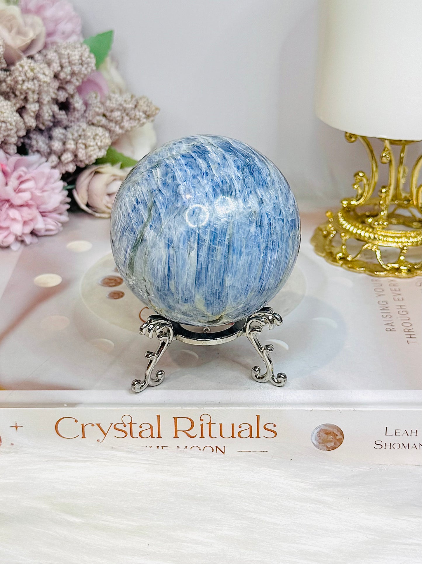 Blue Kyanite Sphere on Stand 485g On Stand