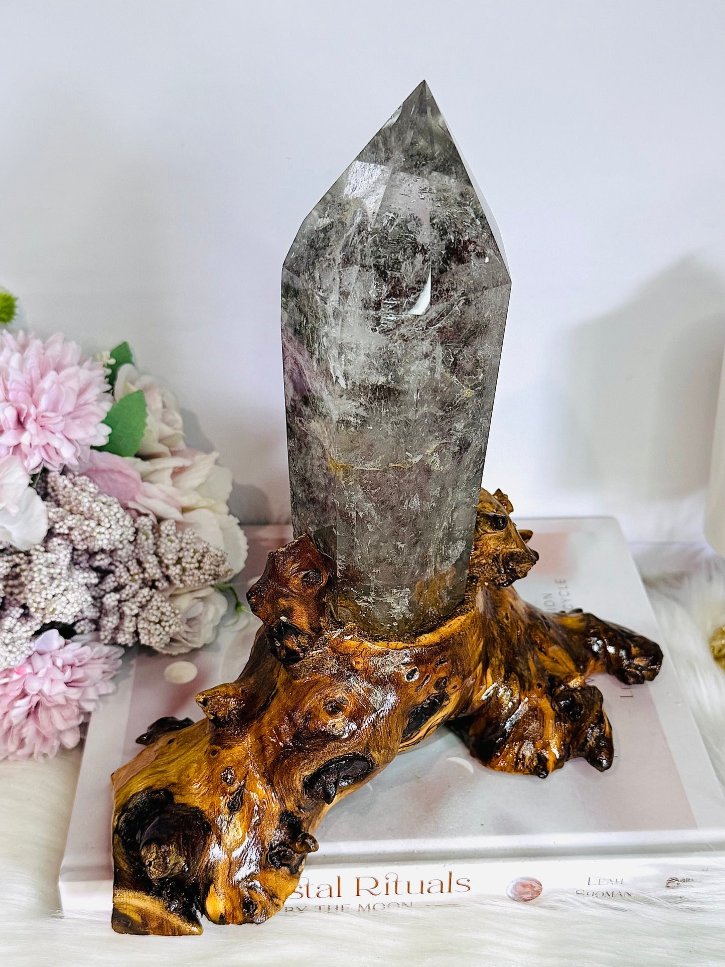 Stunning Large High Grade Garden Quartz | Lodolite Tower on Timber Base 1.02KG 21cm