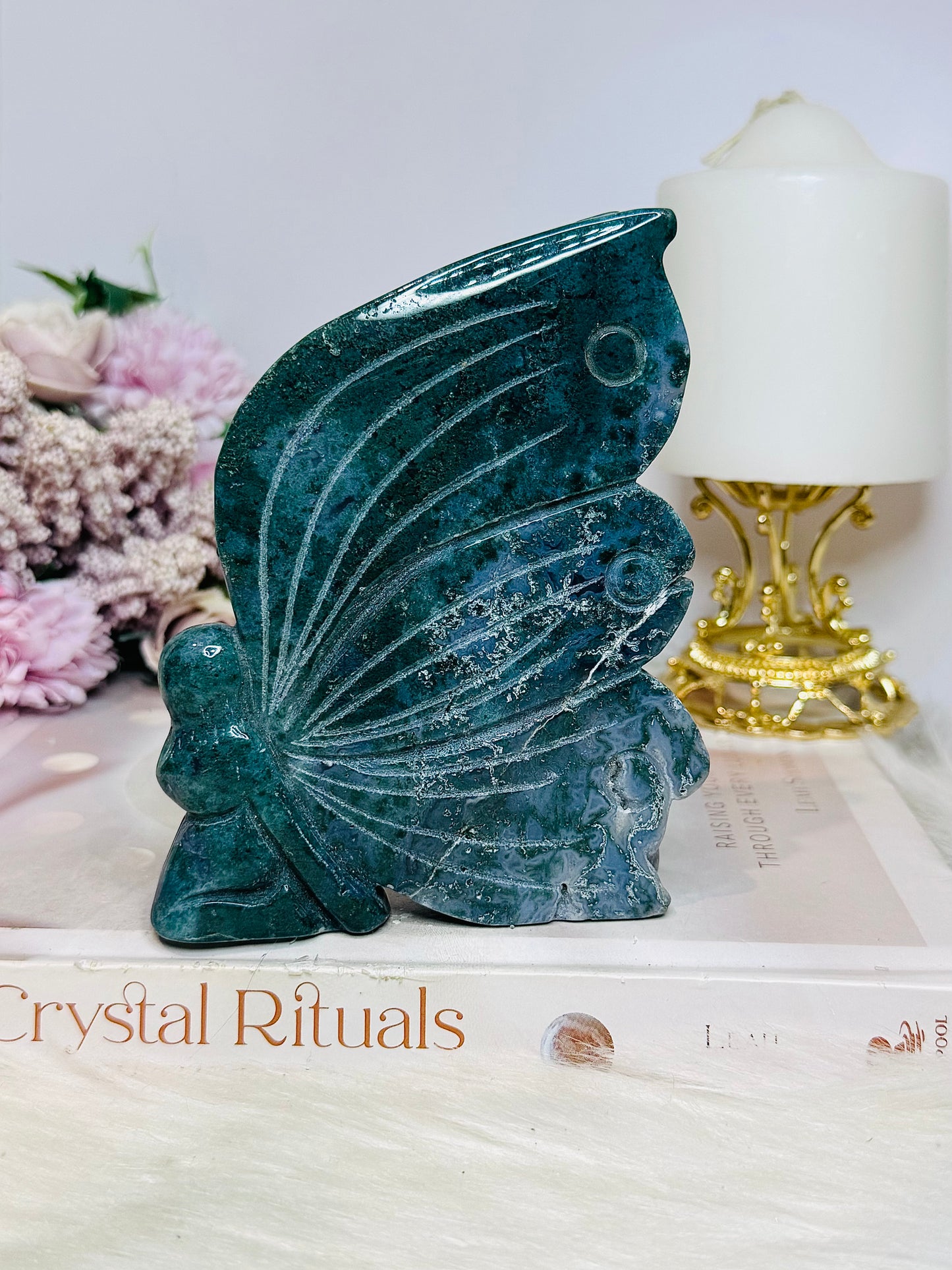 Large Moss Agate Druzy Fairy Carving 11cm