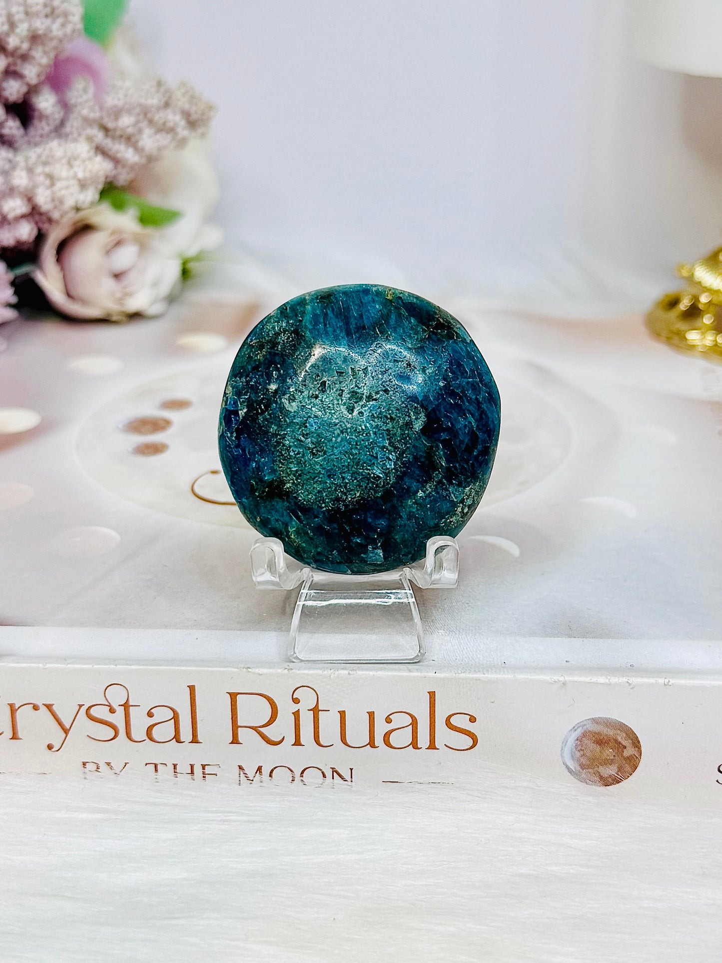 Blue Apatite Palm Stone (stand is display only)