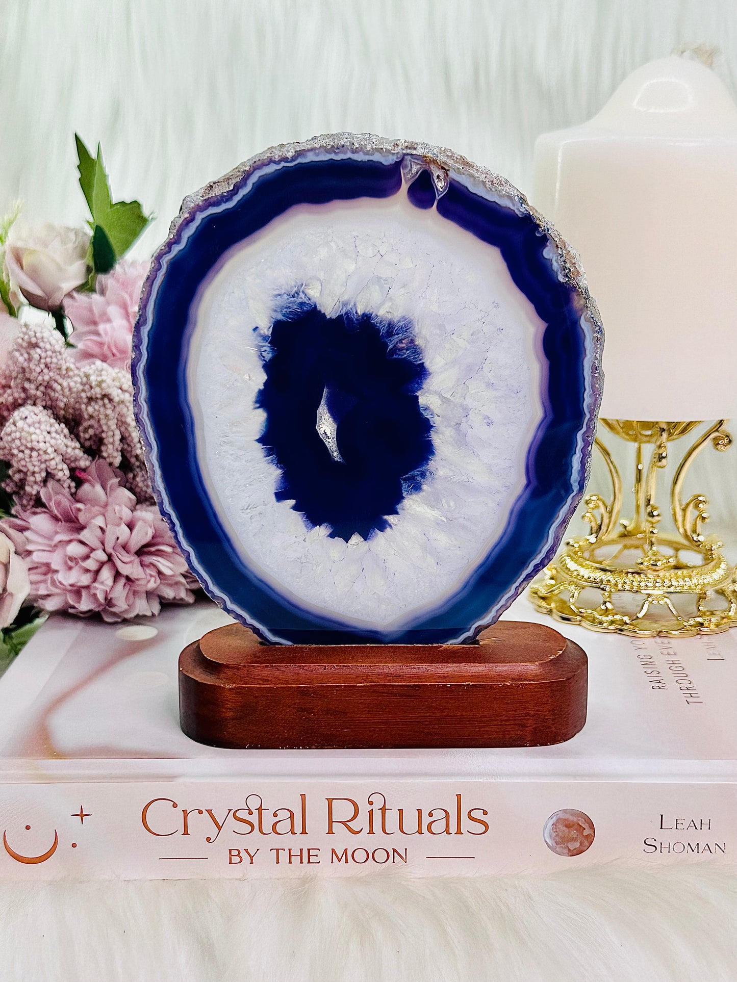 Beautiful Large Purple Agate Druzy Slice (dyed) On Timber Stand