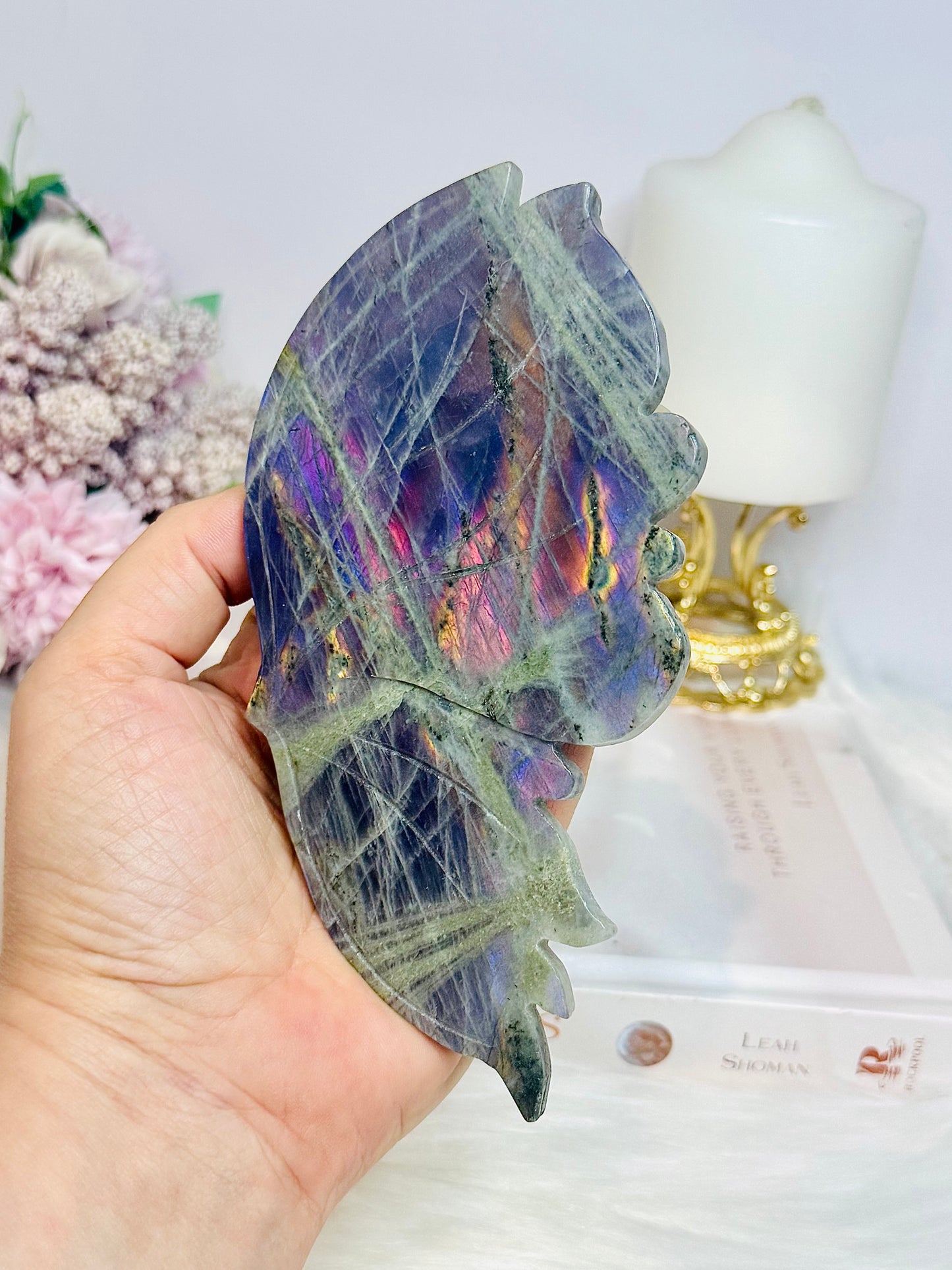 Large Labradorite Butterfly Wings With Purple Flash 21cm Tall