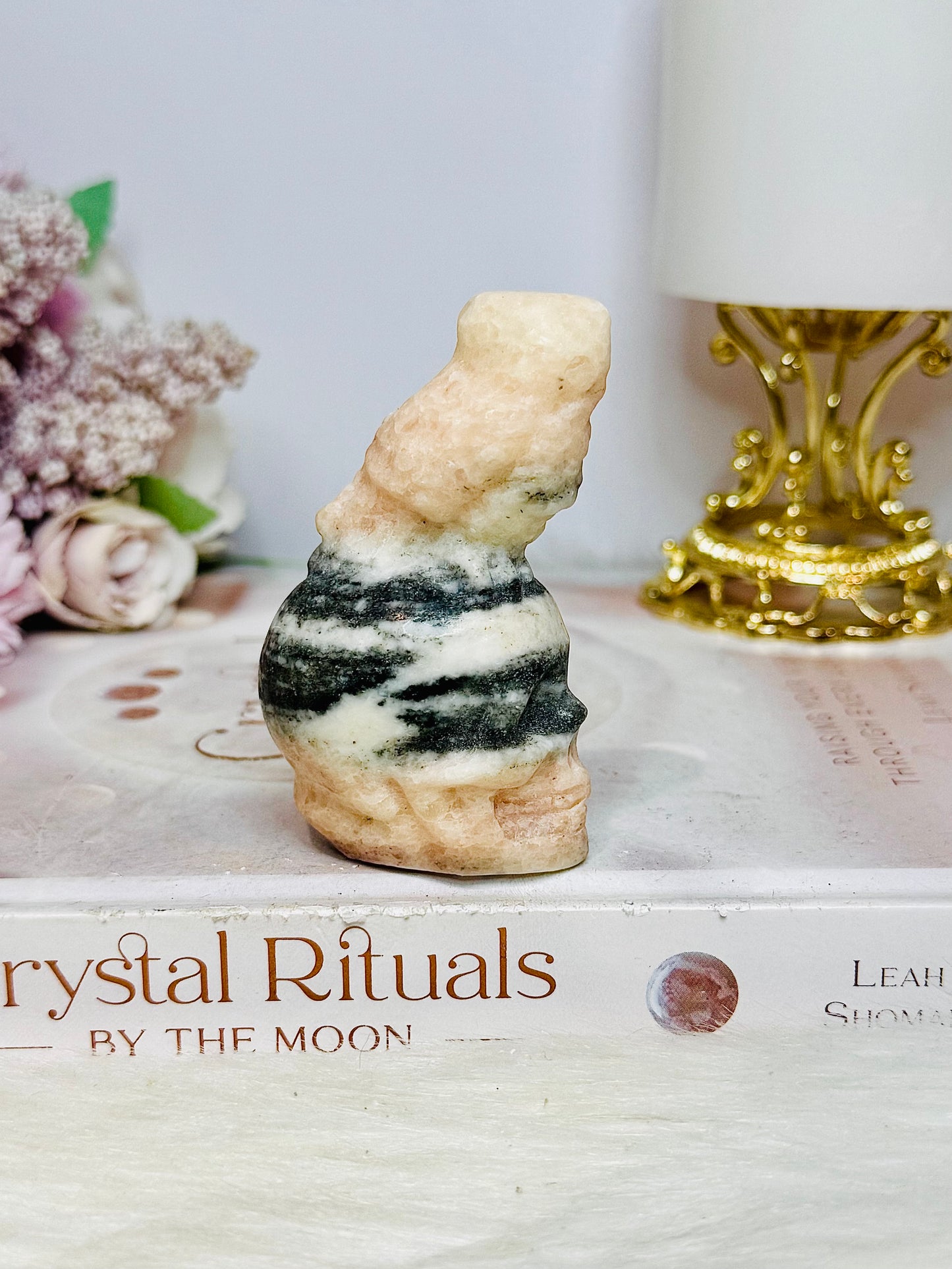 Pink Zebra Jasper Skull with Owl 7.5cm