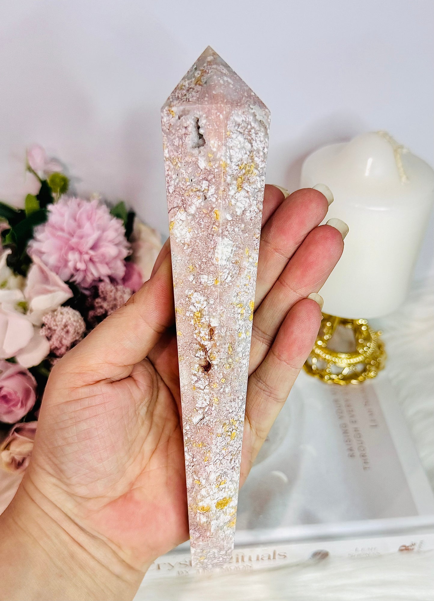 Fabulous Large 20cm Druzy Pink Agate Carved Wand on Stand