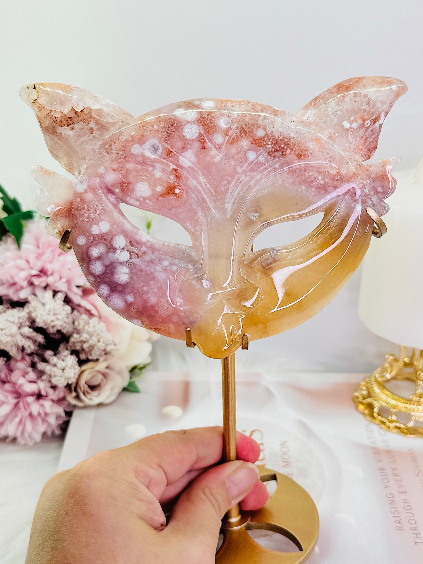 Wowww!!!!! Absolutely Incredible Large 20cm (Inc Stand) Rare Combination | Hybrid Mix Pink Amethyst X Flower Agate Mask On Gold Stand