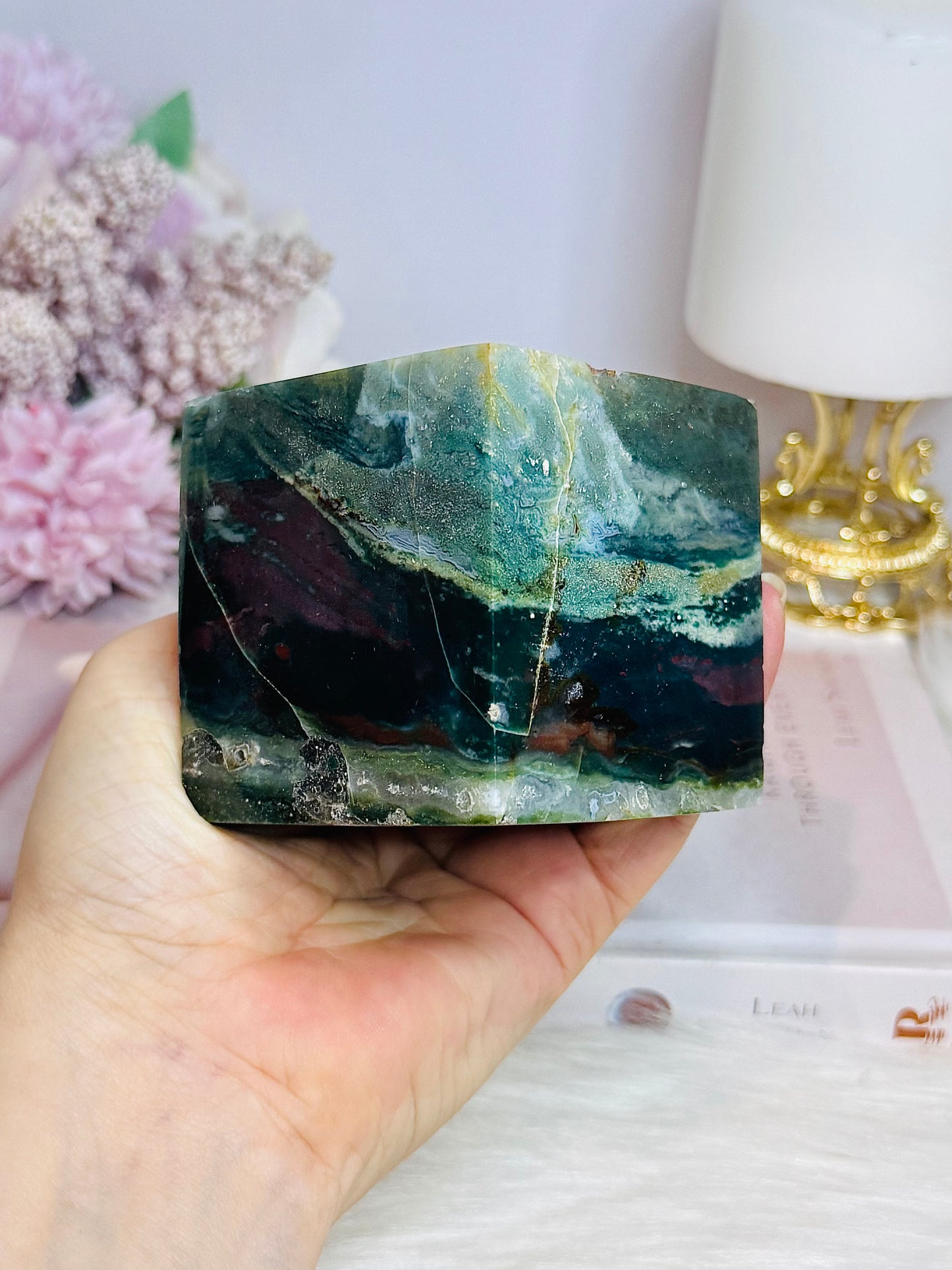 Large Ocean Jasper Carved Cube 611g