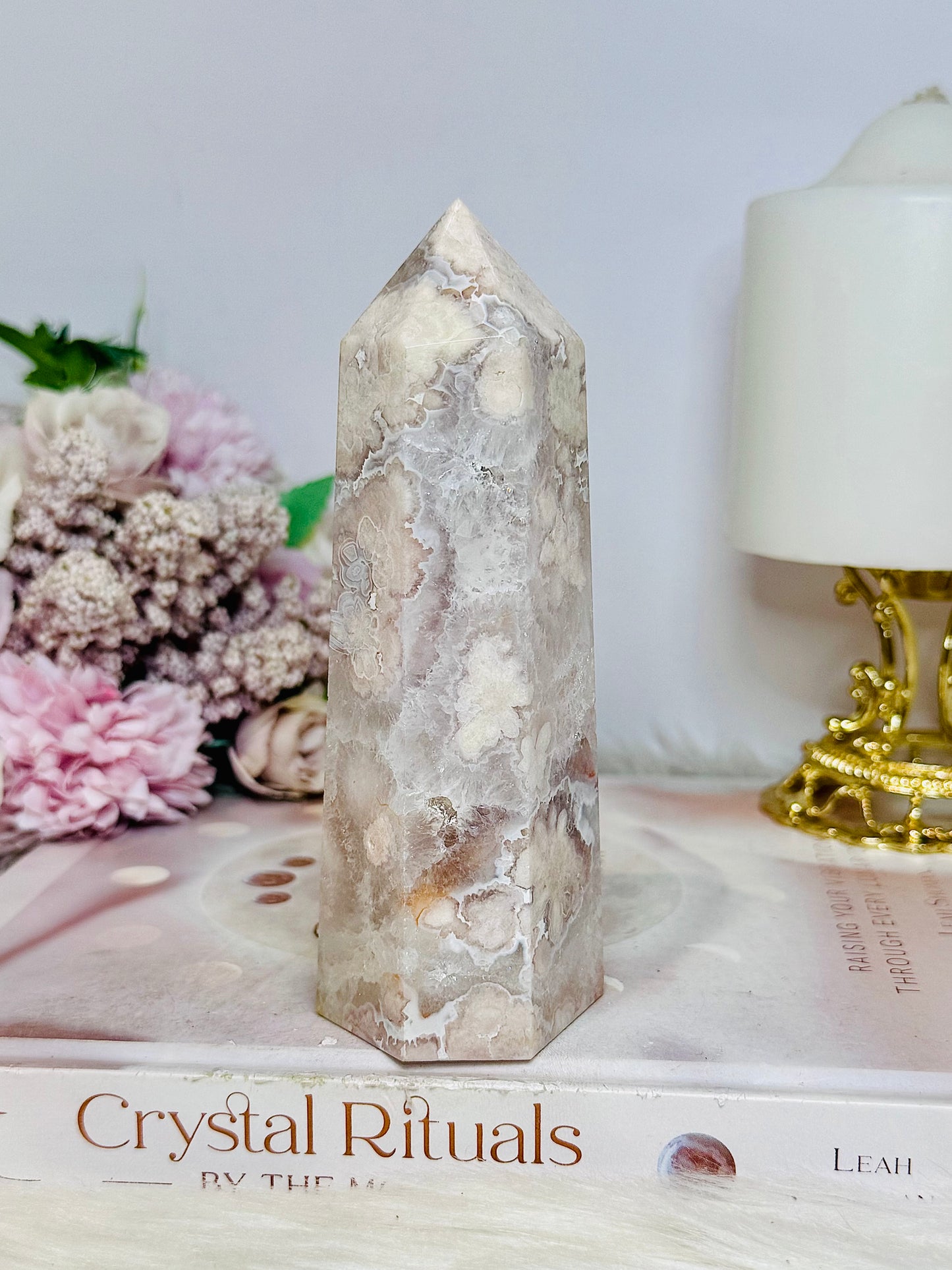High Grade Flower Agate Druzy Tower 13cm
