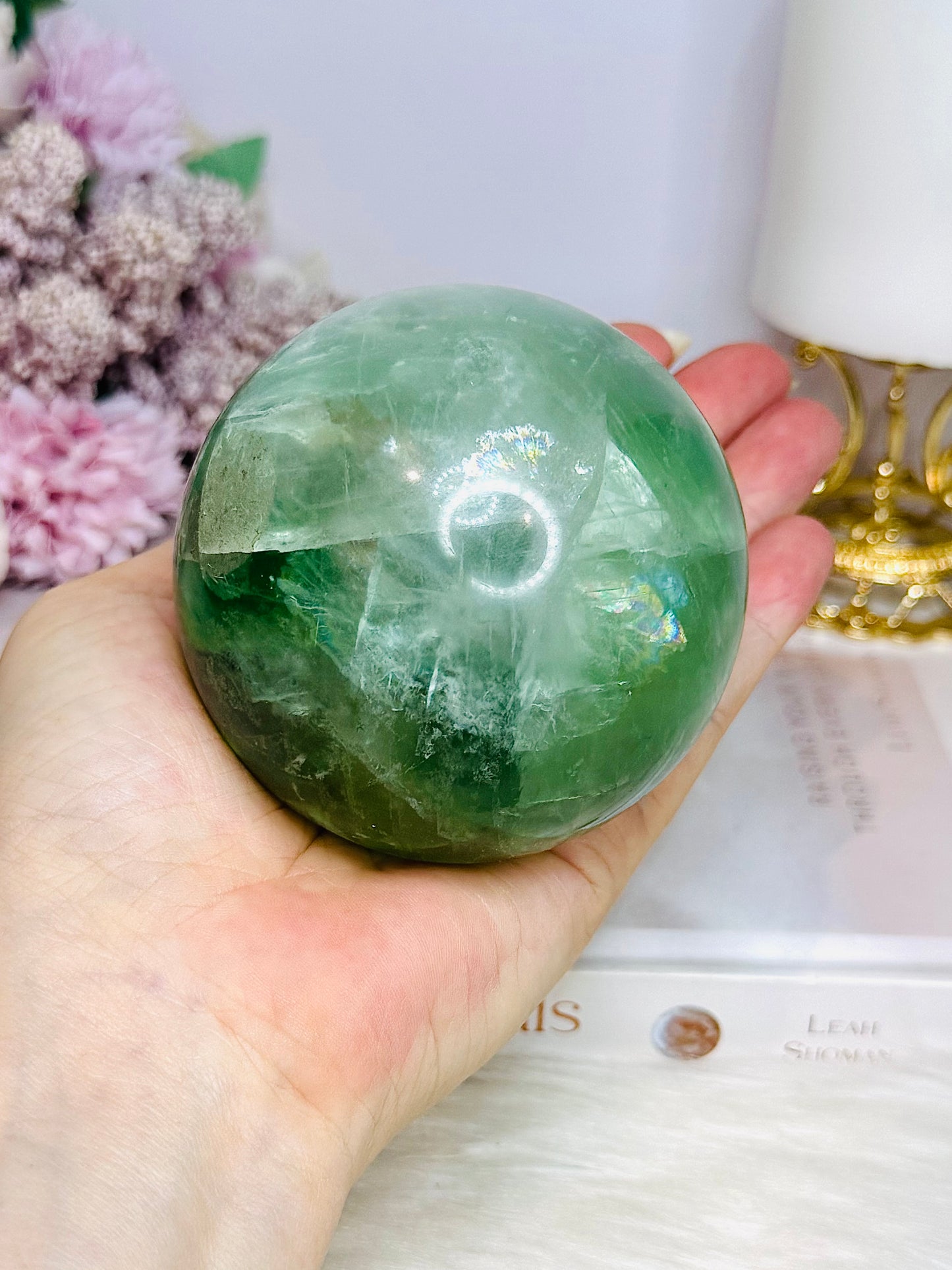 Large Green Fluorite Sphere Full of Rainbows 777g