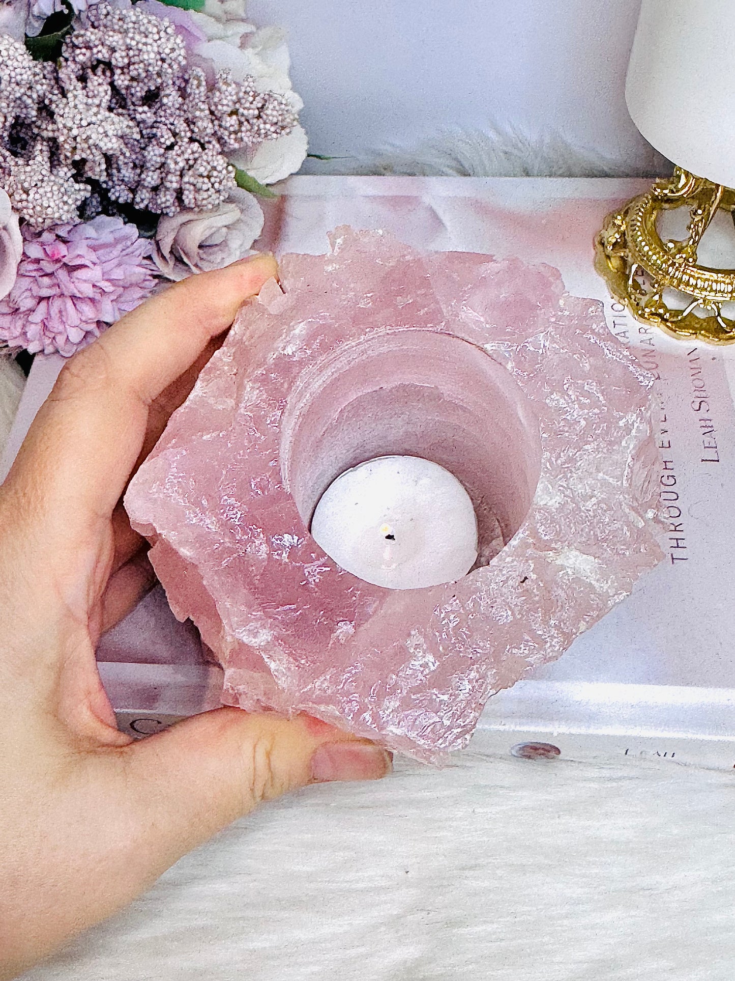 Large Chunky Rose Quartz Candle Holder 892g