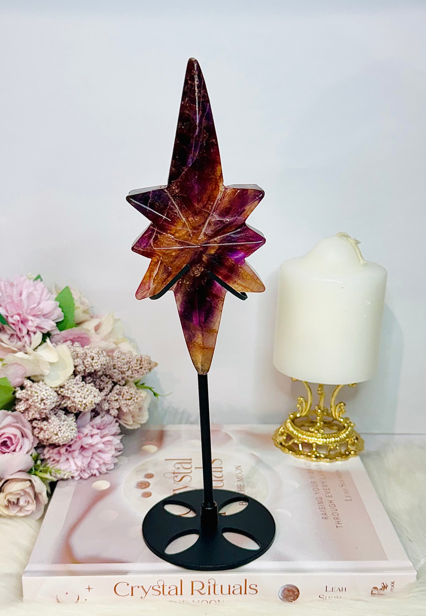 Incredible Large Natural Fluorite Carved Polaris Star On Stand 25.5cm