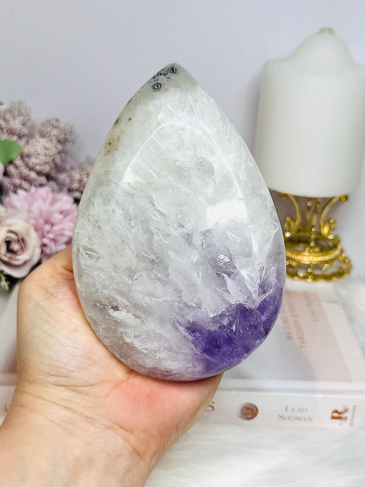 Large Chunky Amethyst In Quartz Teardrop | Freeform on Stand 675g 14cm
