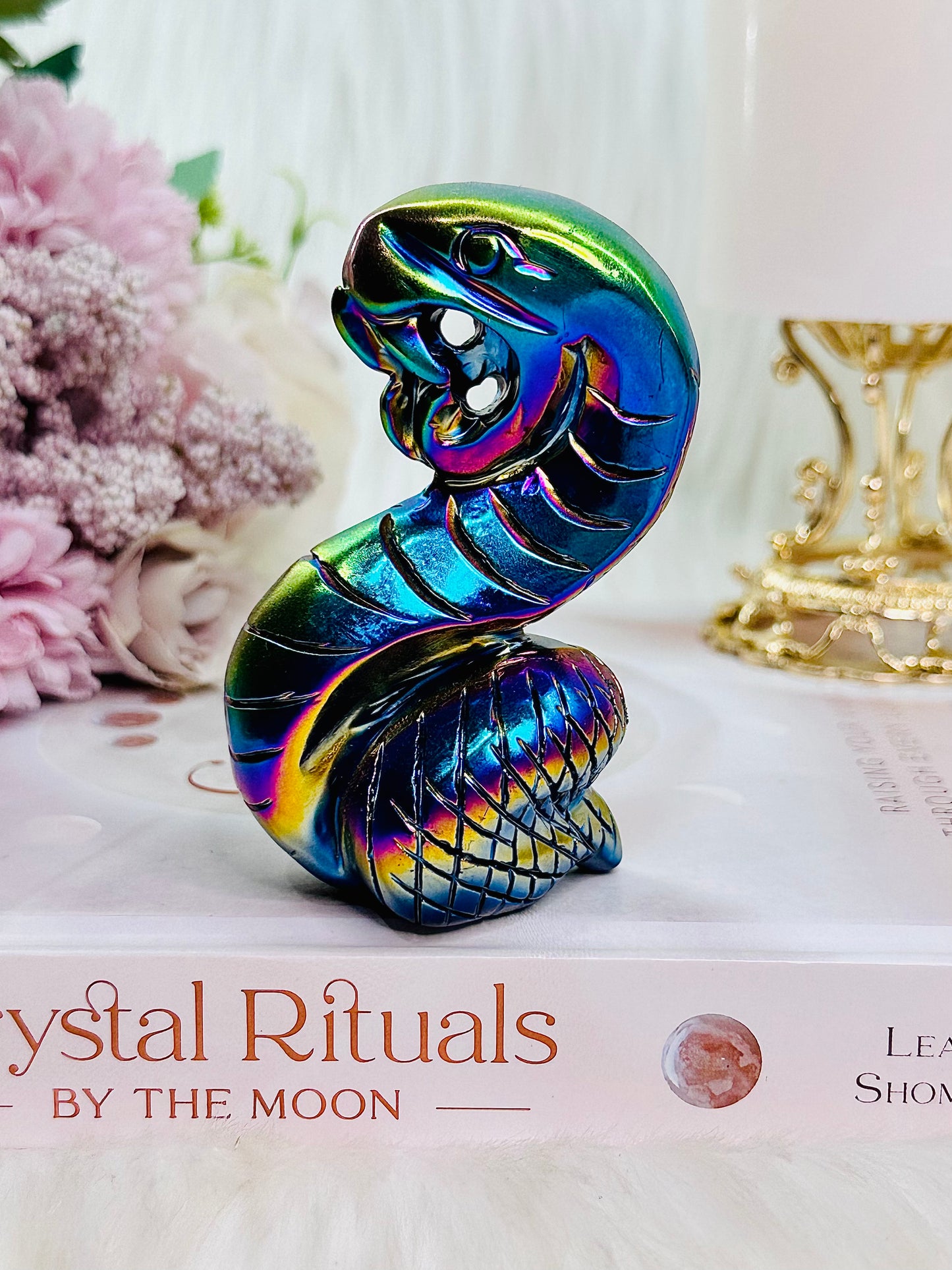 Fertility & Rebirth ~ Amazing Perfectly Carved Titanium Aura Quartz Bright Colourful Snake