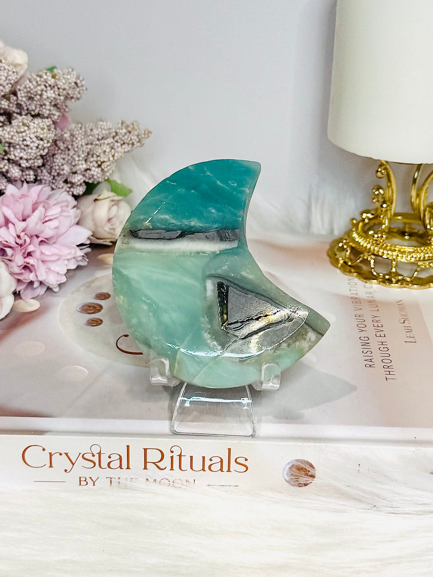 Sky Blue Quartz Carved Moon On Stand 8cm