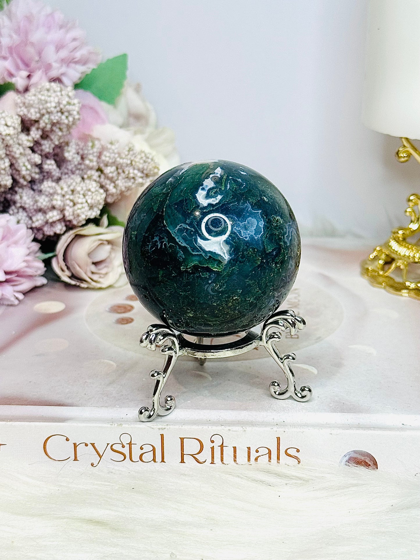 Moss Agate Sphere On Stand 212g