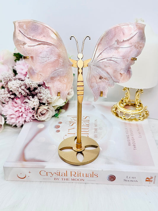 CLASSY & ABSOLUTELY FABULOUS High Grade Druzy Pink Amethyst Butterfly Wings 19.5cm Tall (Inc Stand) On Gold Stand