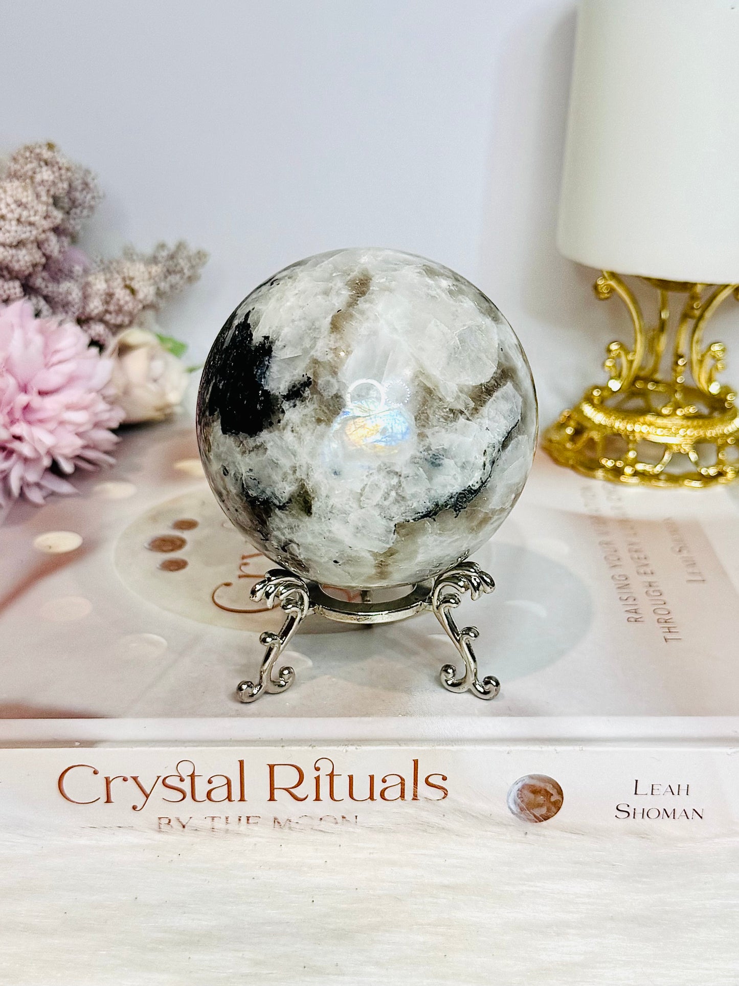 Large Rainbow Moonstone Sphere with Blue Flash 464g