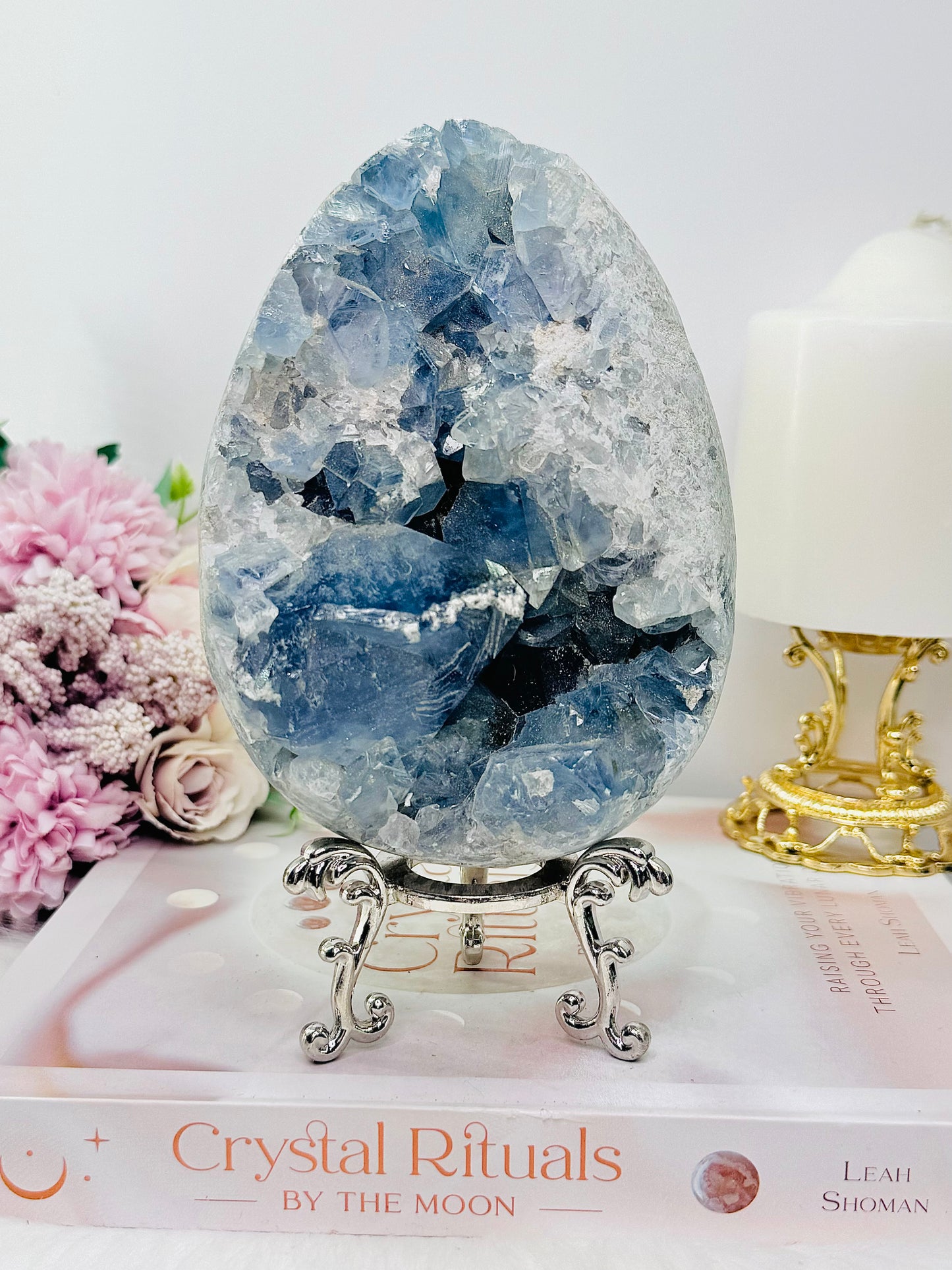 Huge 1.77KG Natural Blue Celestite Druzy Egg On Stand