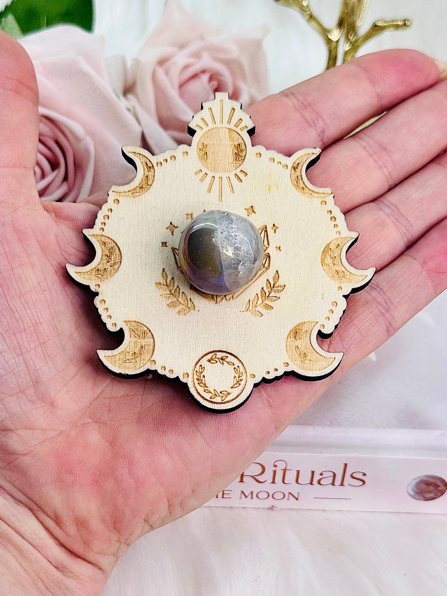 Angel Aura Druzy Agate Sphere on Moon Stand