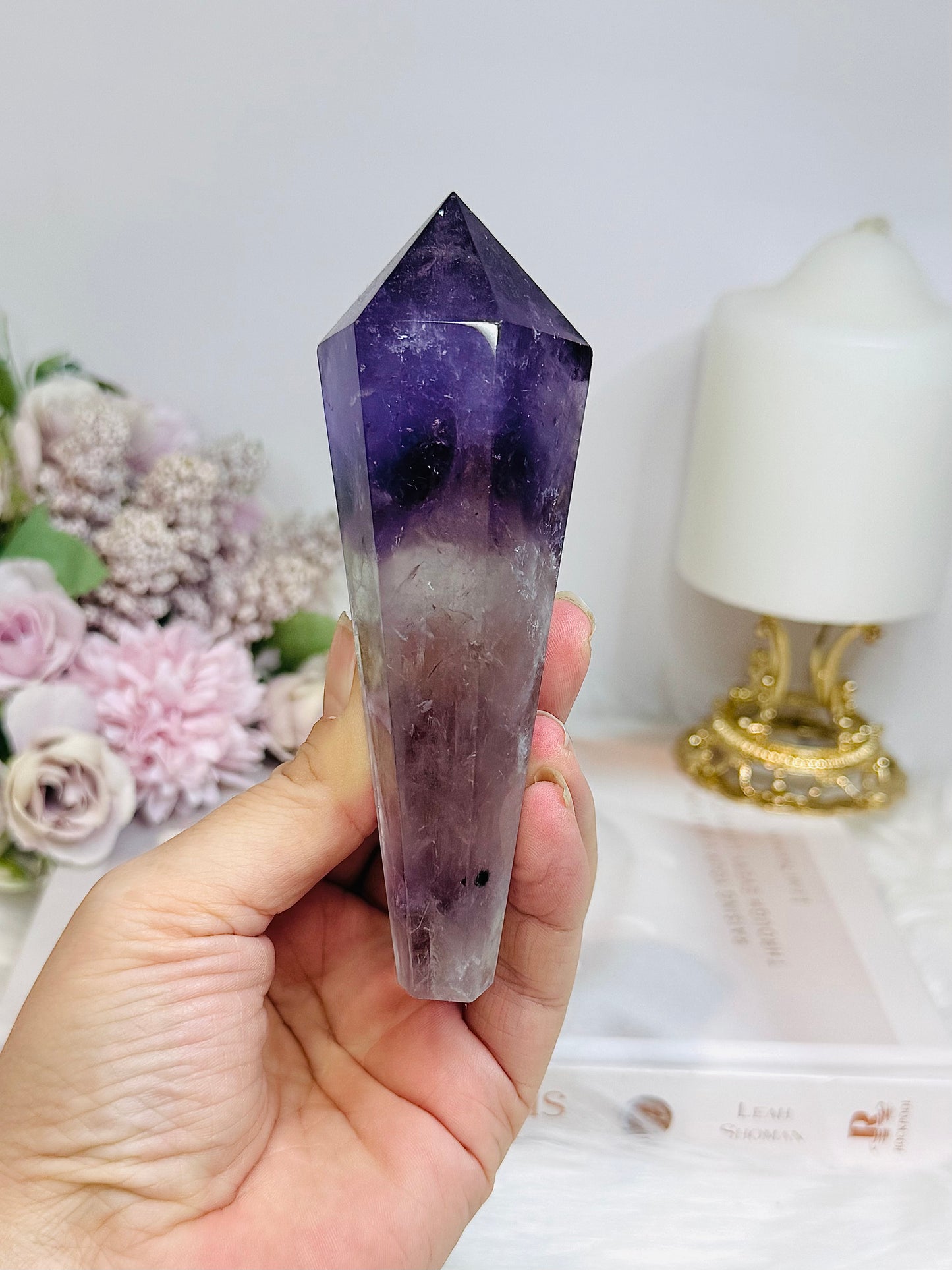 High Grade Phantom Amethyst Point | Obelisk on Gold Stand 20cm