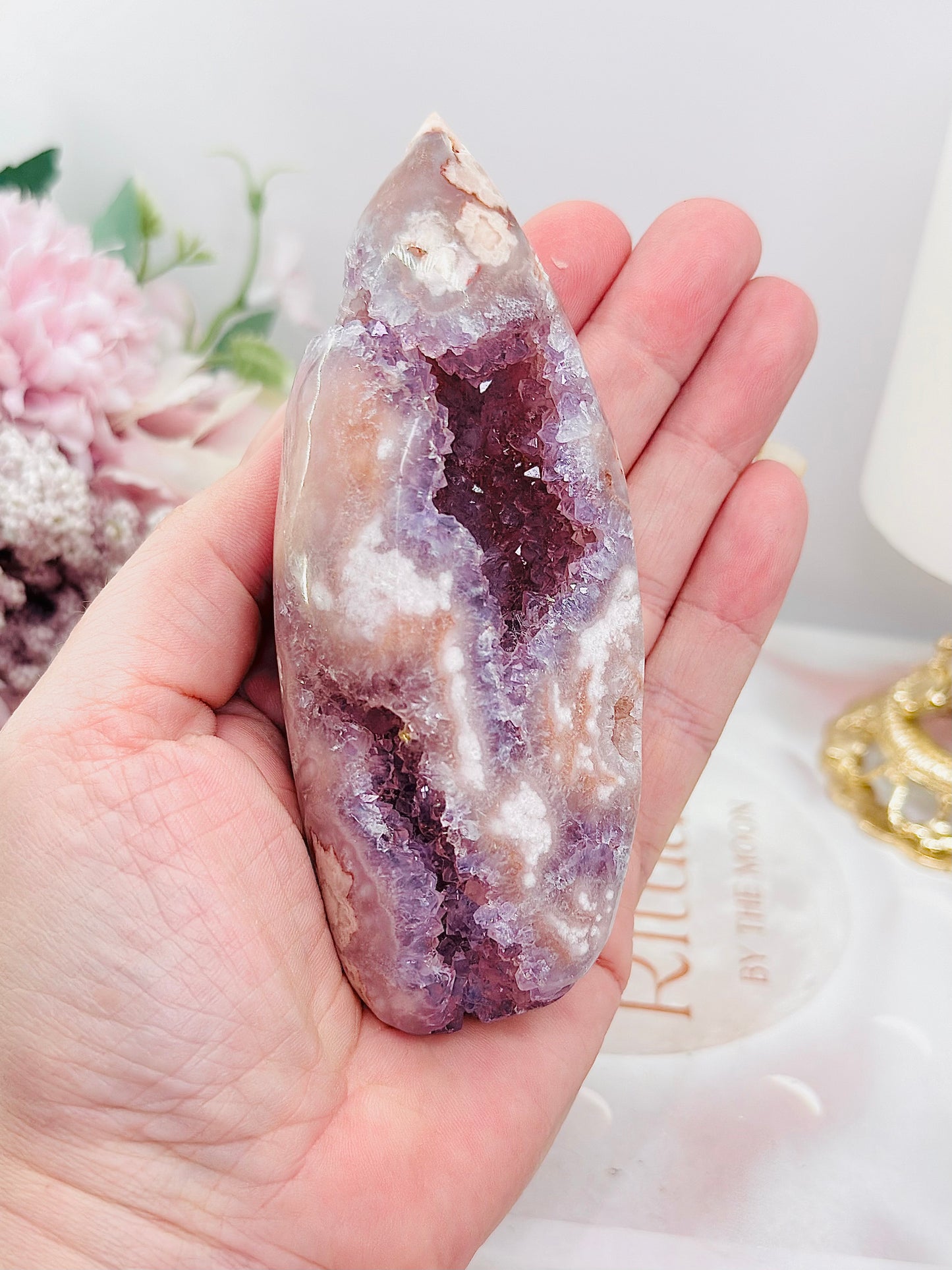 High Grade Rare 19.5cm Druzy Pink Amethyst X Flower Agate Egg on Stand