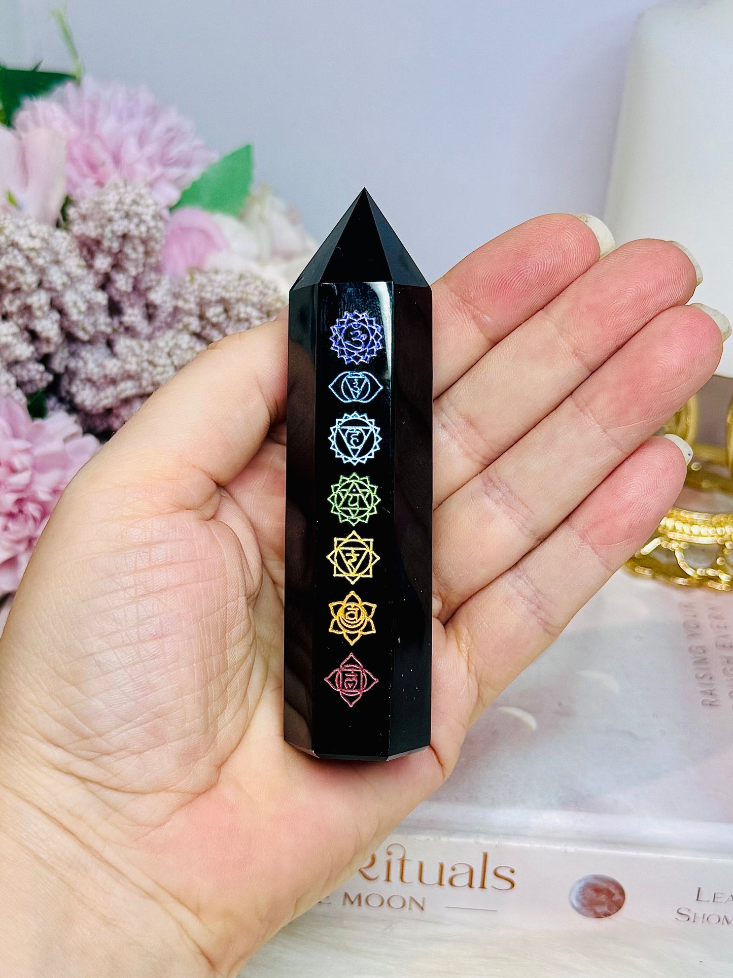 Black Obsidian Chakra Engraved Tower 10cm