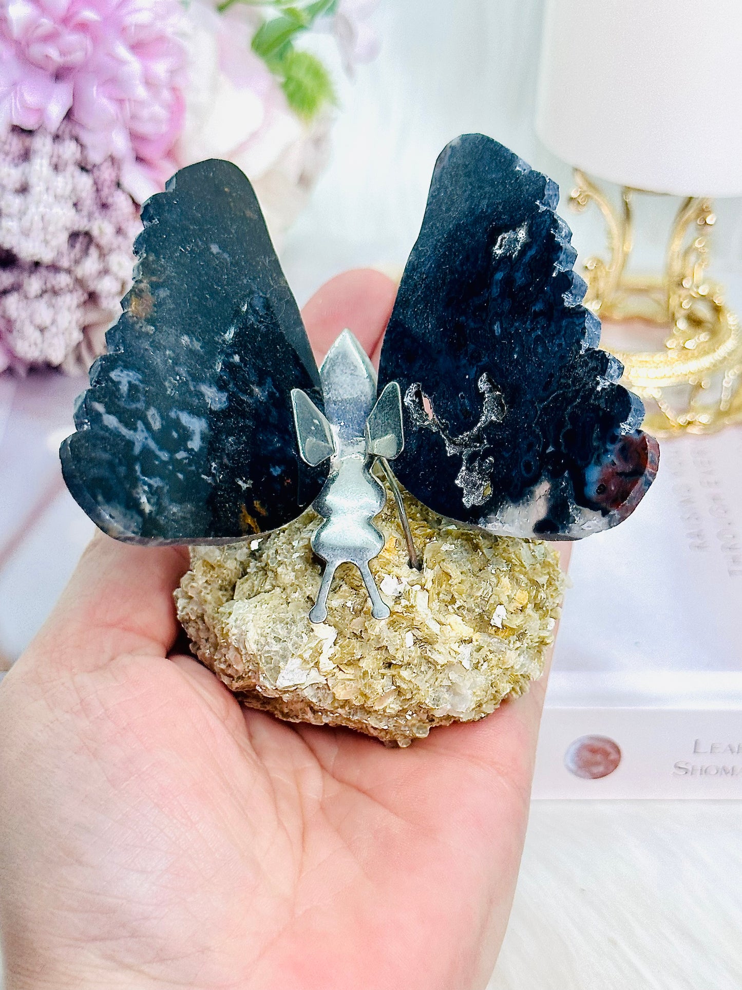 Stunning Druzy Agate Butterfly on Gold Mica Specimen