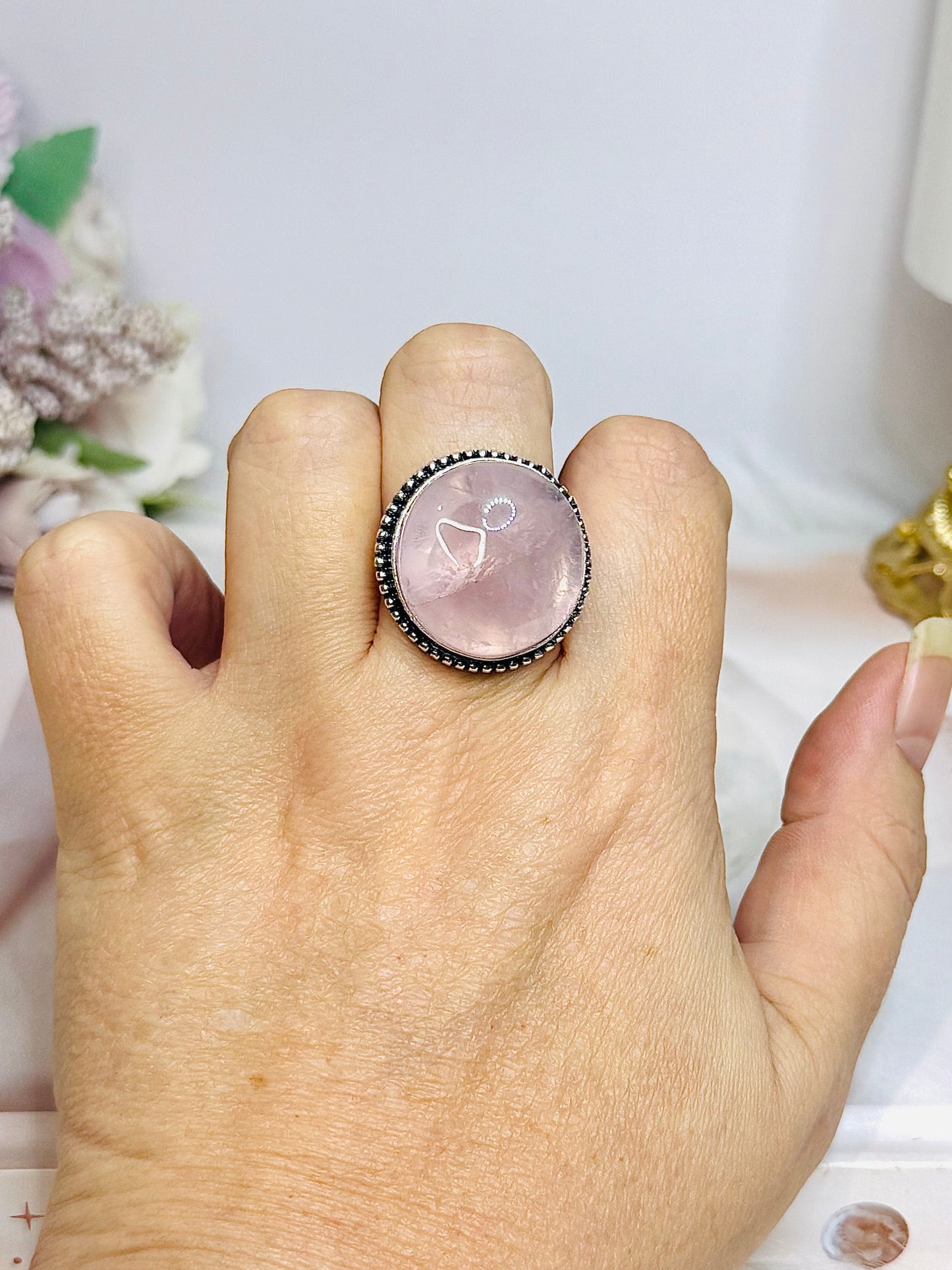 Large Silver Rose Quartz Round Ring Size 9