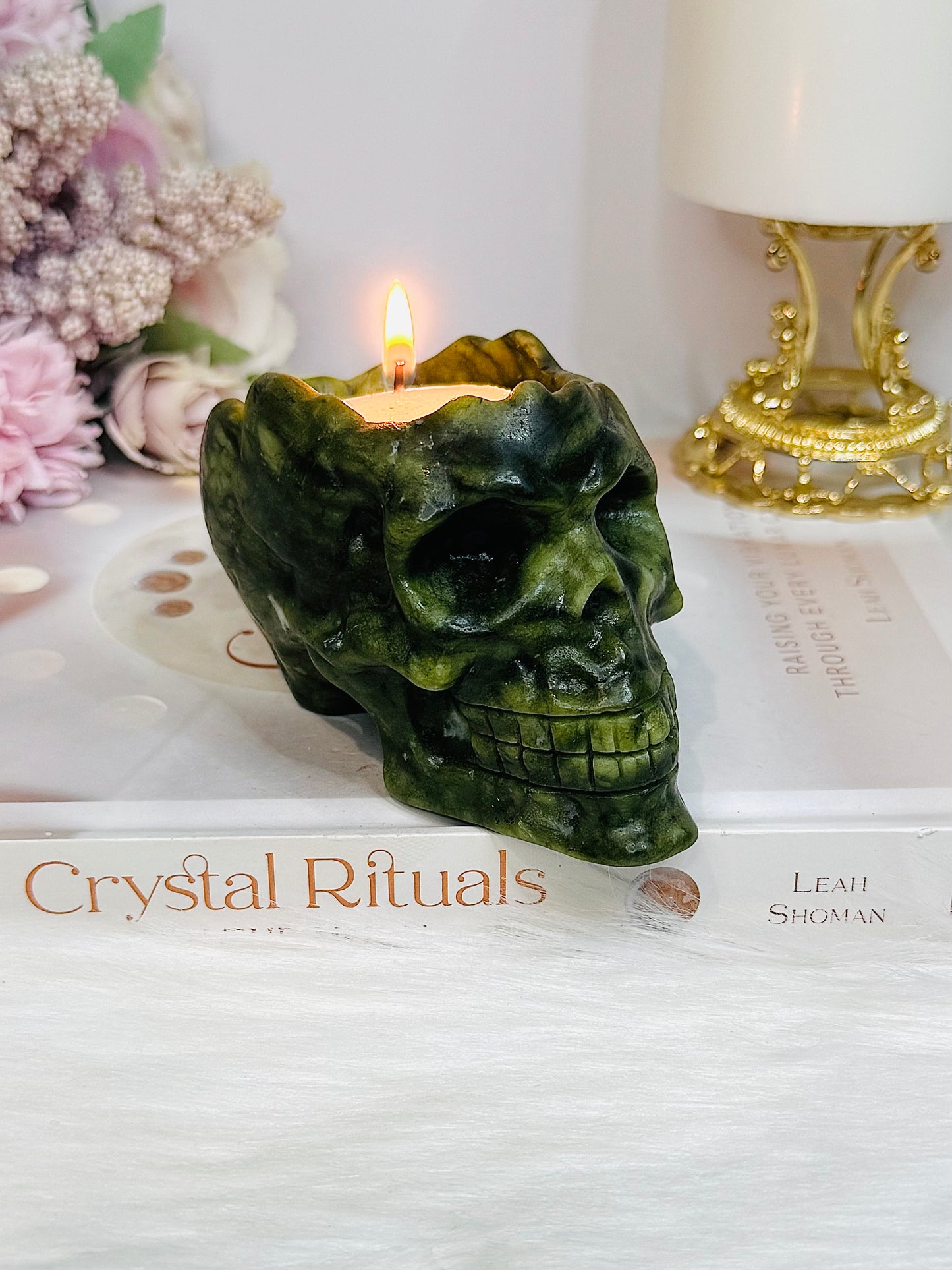 Green Jade Candle Holder Skull 391g