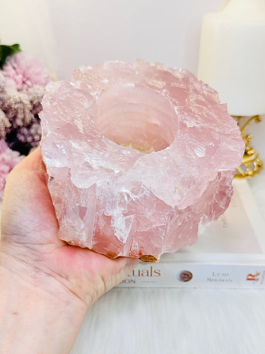 Raw Natural Large 994gram Chunky Rose Quartz Candle Holder