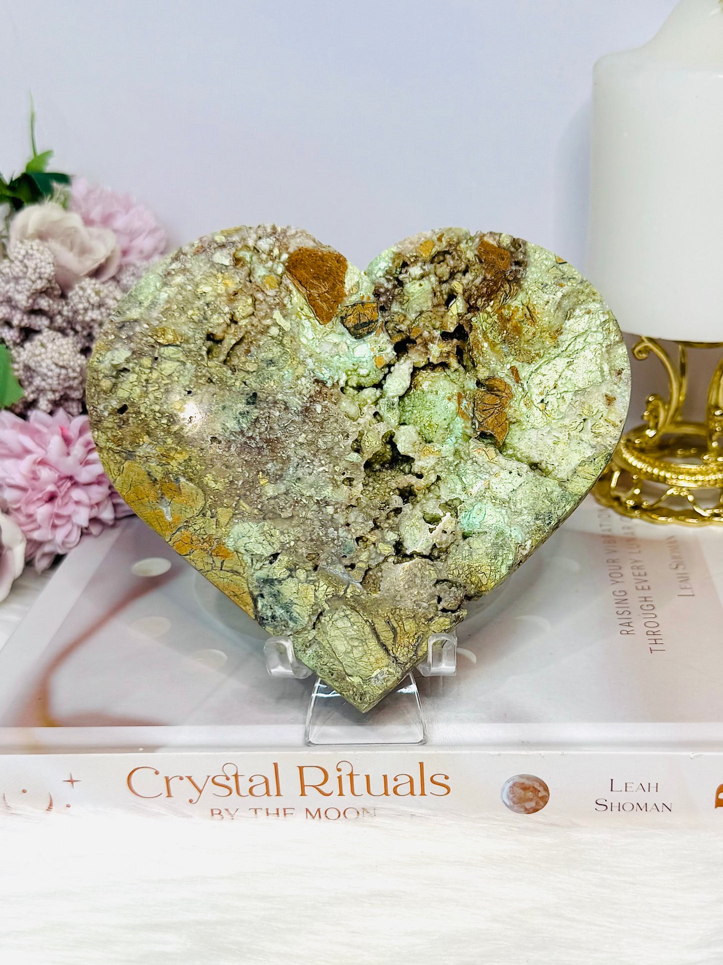 Large Natural Variscite Carved Heart on Stand 12cm