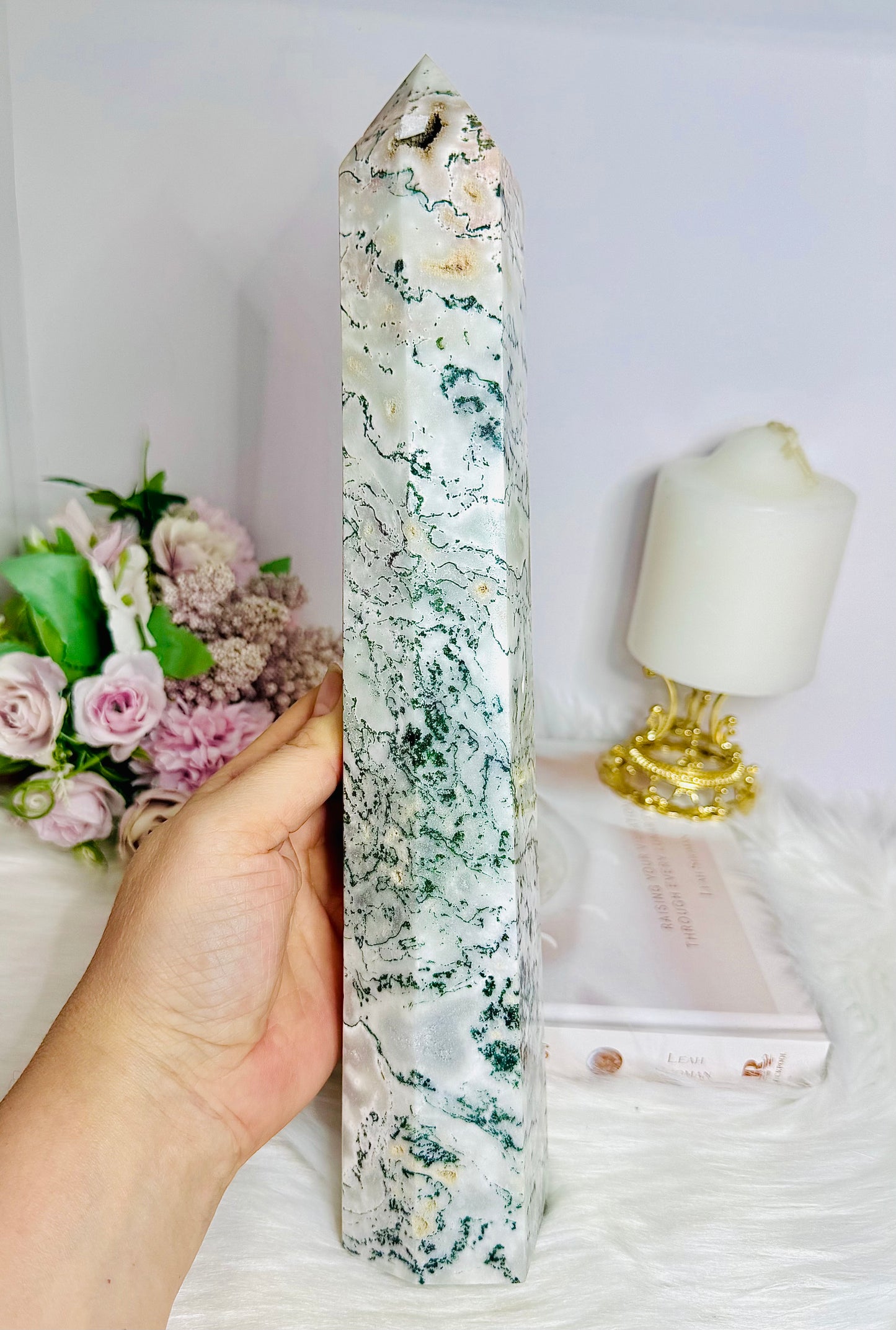 Huge Moss Agate in Quartz Druzy Tower 31cm 1.45KG