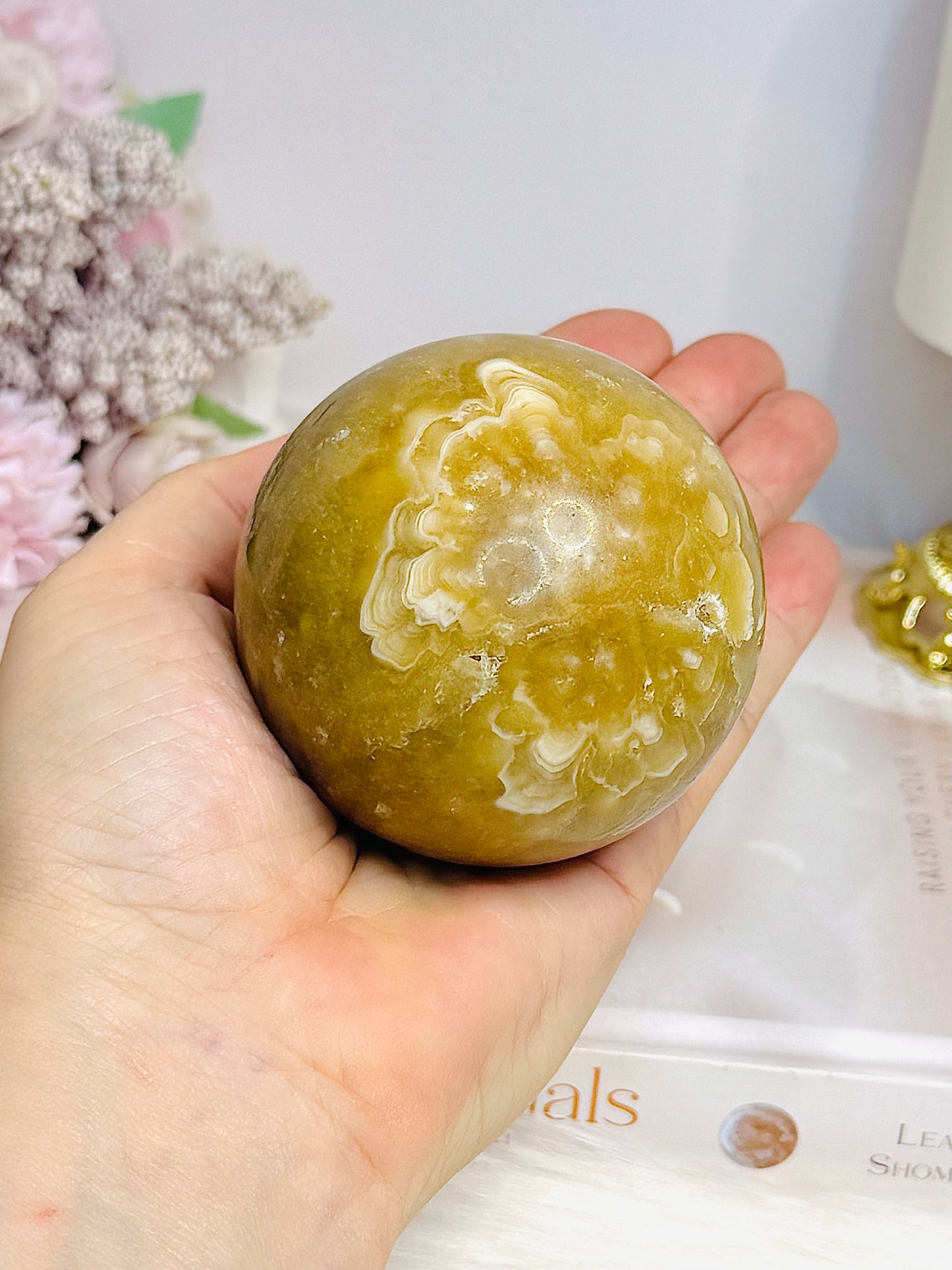 Large Amber Calcite Sphere on Stand 419g