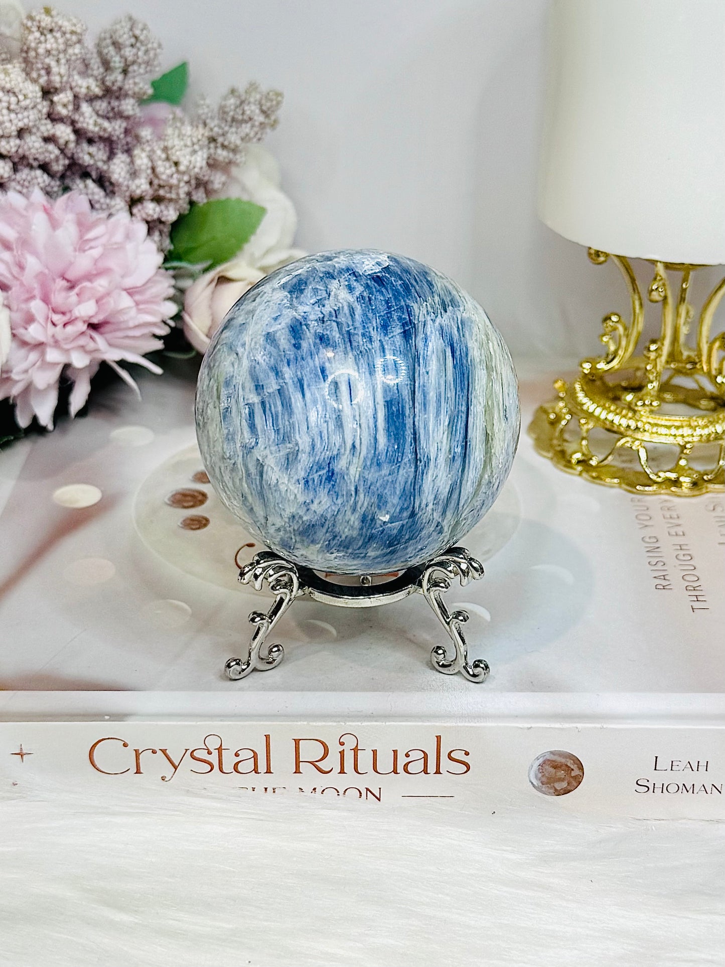 Blue Kyanite Sphere on Stand 485g On Stand
