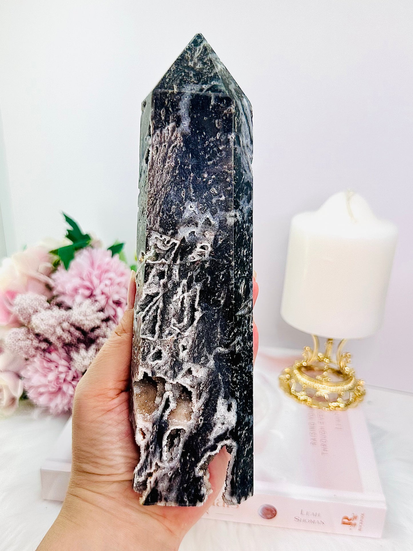Absolutely Gorgeous Large 22cm Druzy Black Sphalerite Chunky Tower