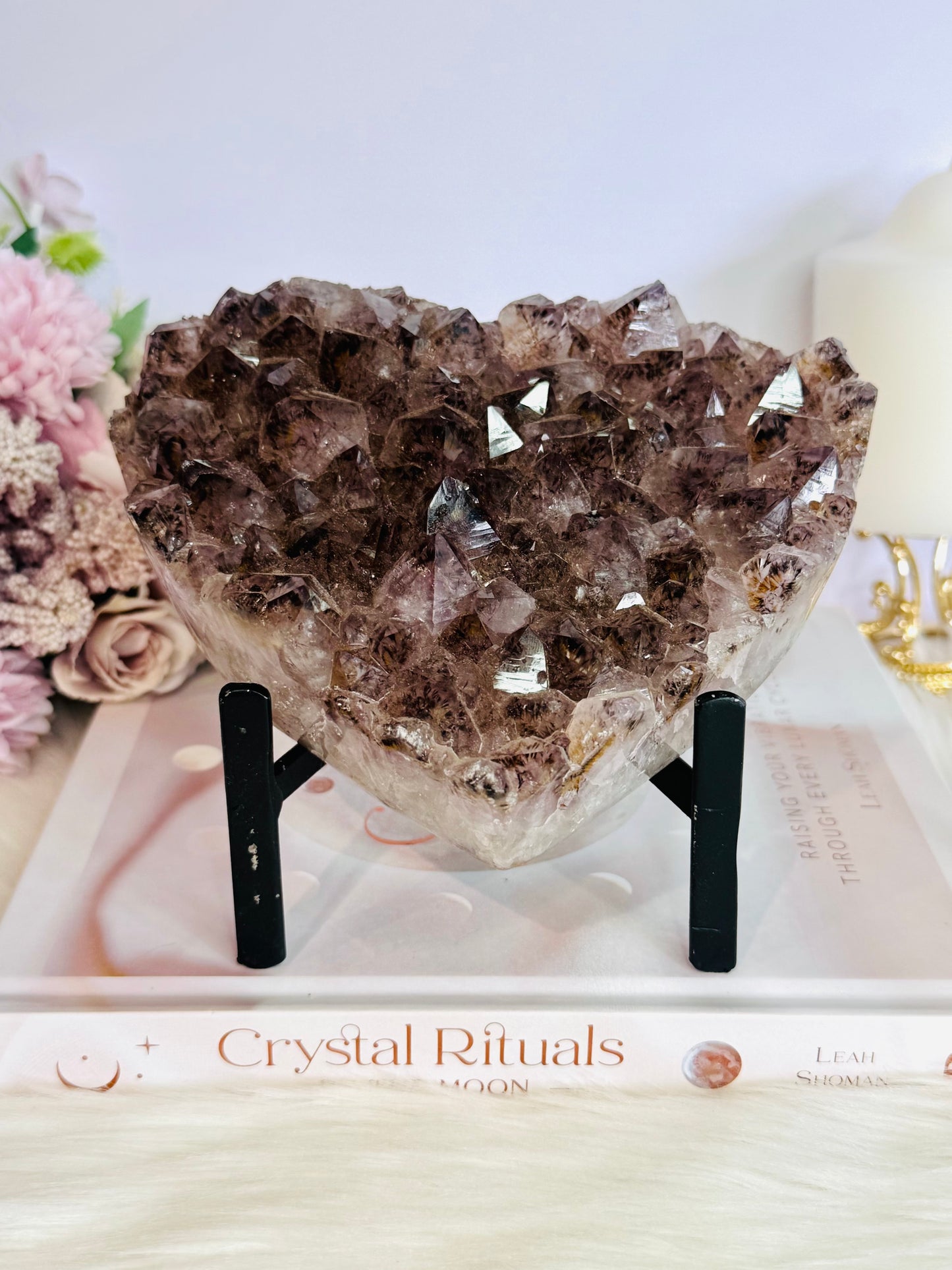 Magnificent 15cm Wide Amethyst Cluster Carved Heart On Custom Stand