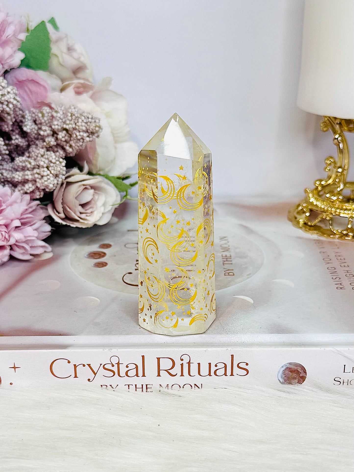 Beautiful Clear Quartz Chunky Tower with Engraved Gold Moon & Stars 8.5cm