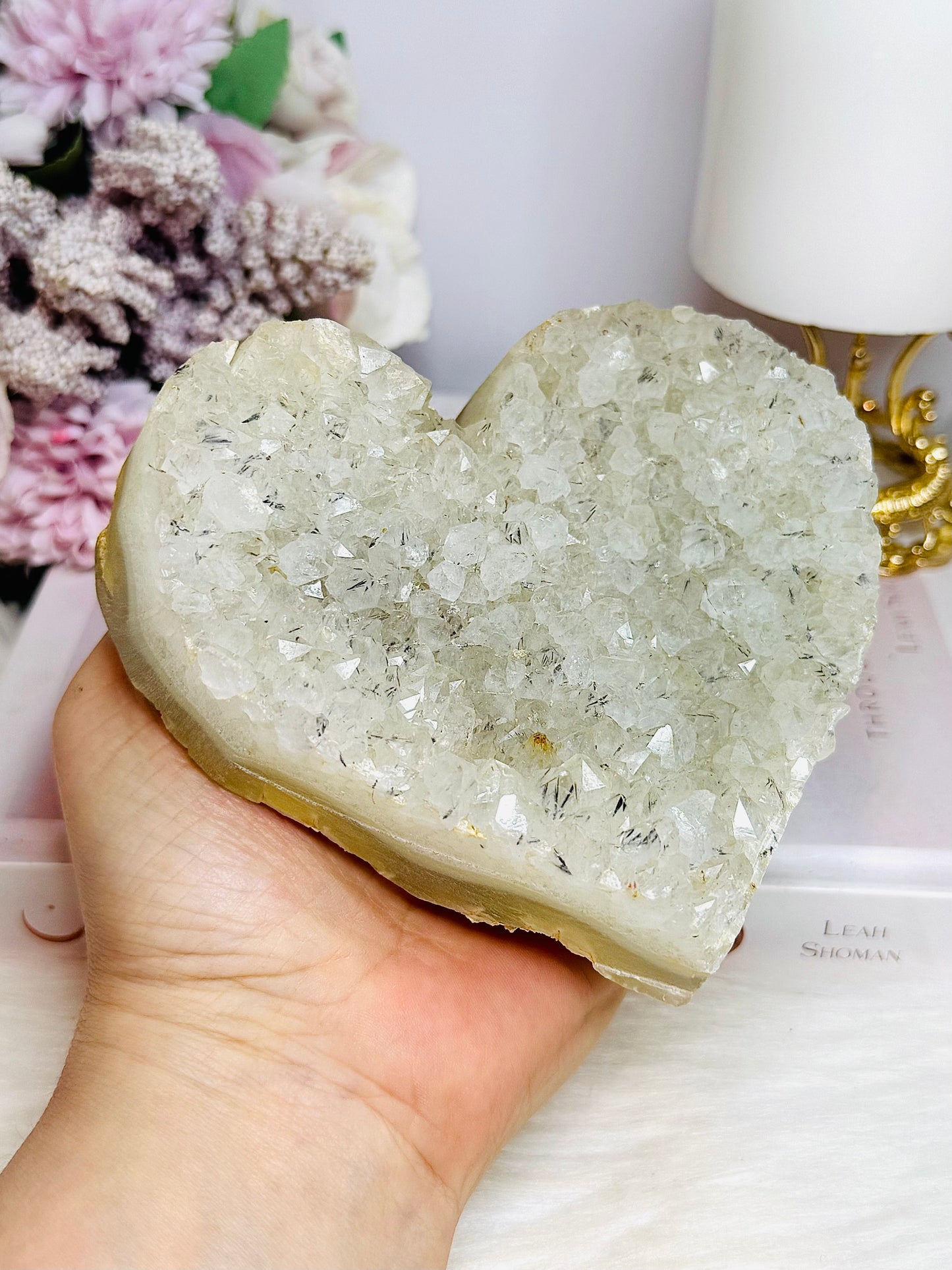 Large Quartz Cluster Carved Heart with Black Tourmaline Inclusions 12cm 801g