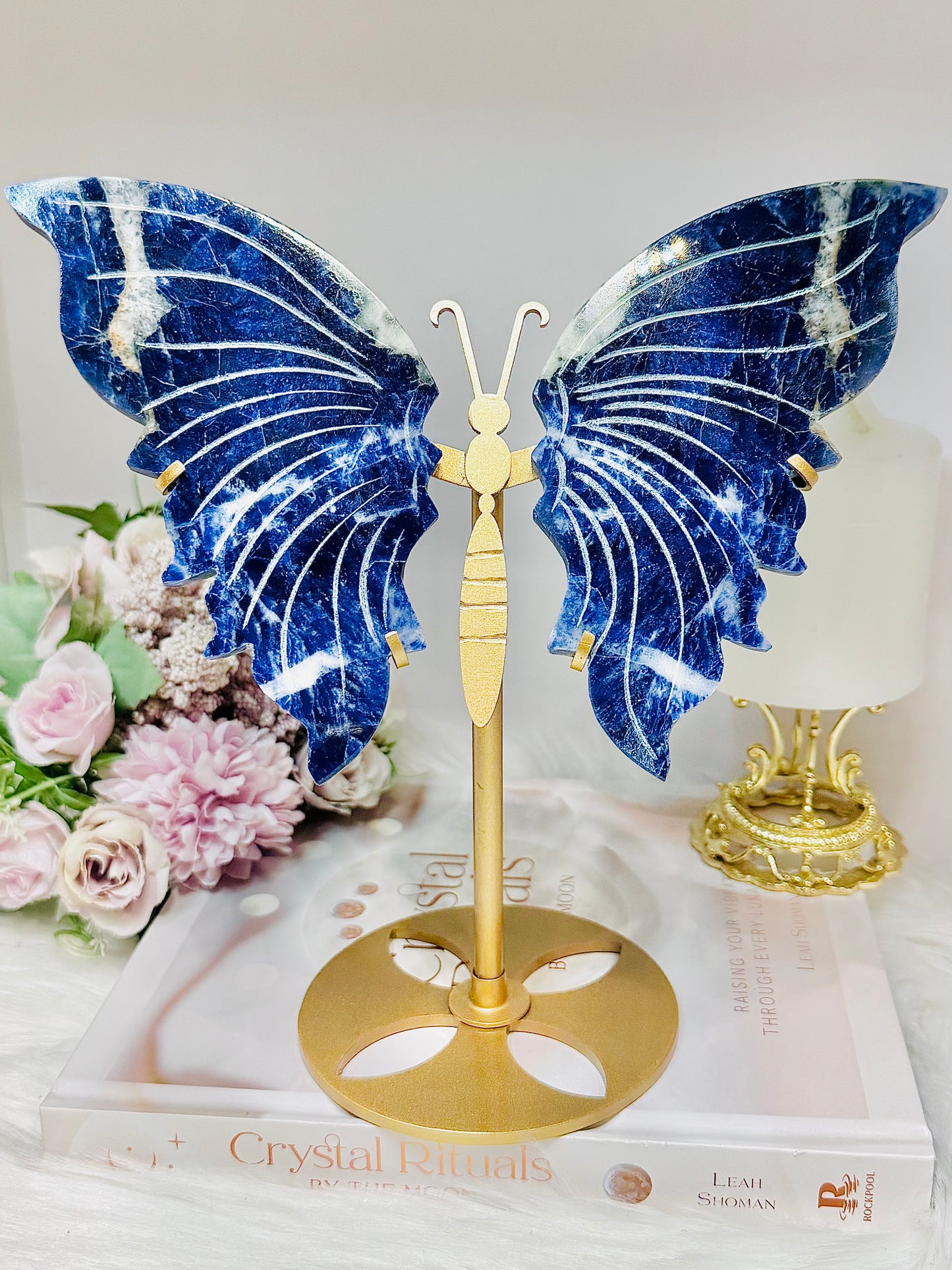 Large Blue Sodalite Carved Butterfly Wings on Stand 21.5cm