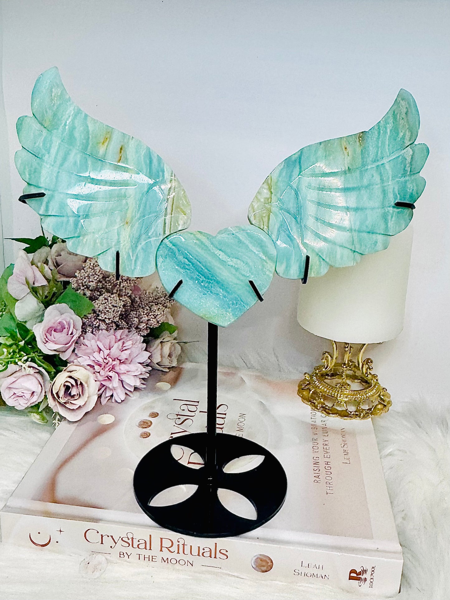 Caribbean Calcite Large Heart with Angel Wings On Stand