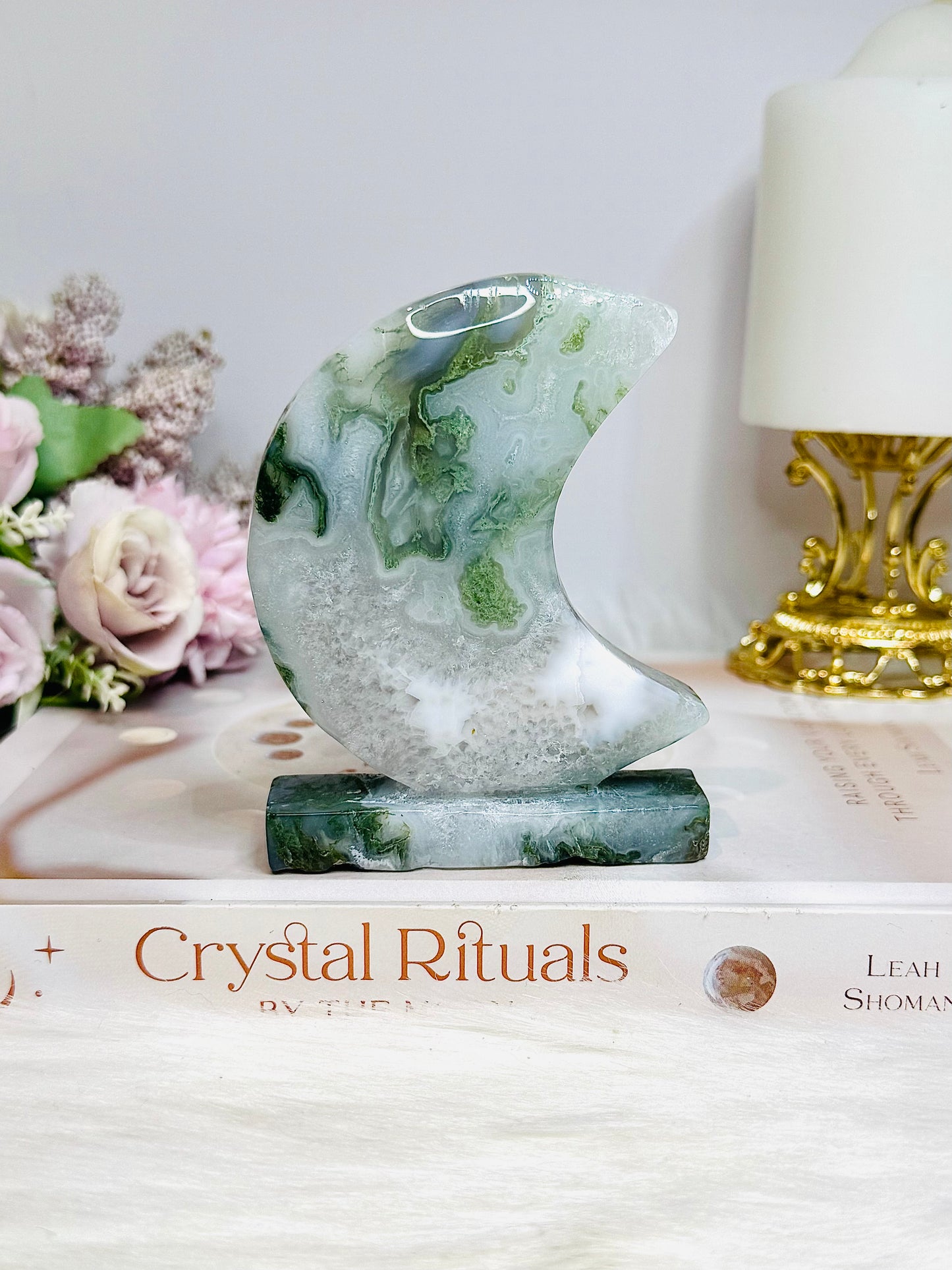 Moss Agate Druzy Moon On Stand 10cm 262g