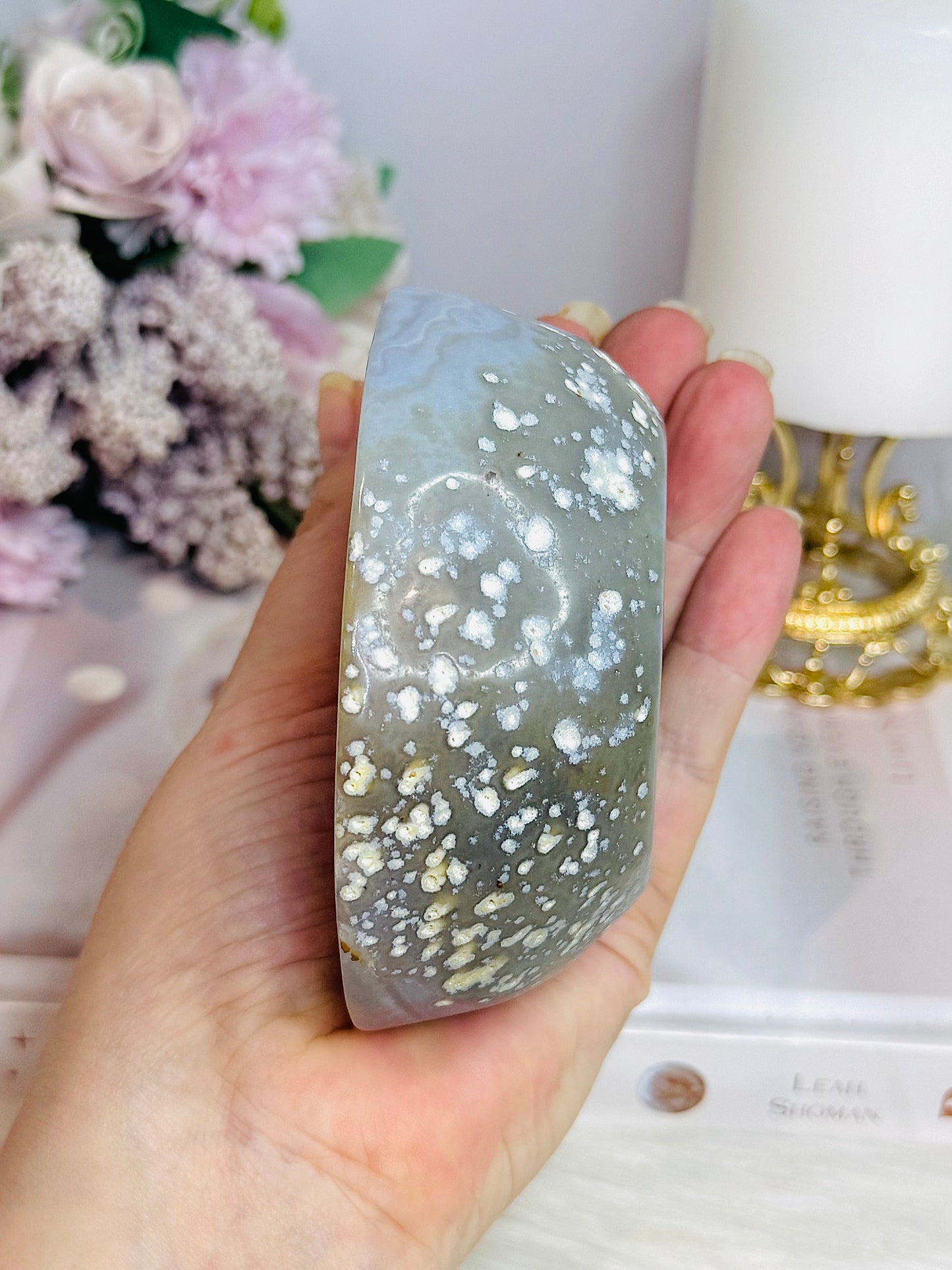 Natural Agate Carved Bowl Filled with Clear Quartz Tumbles 443g